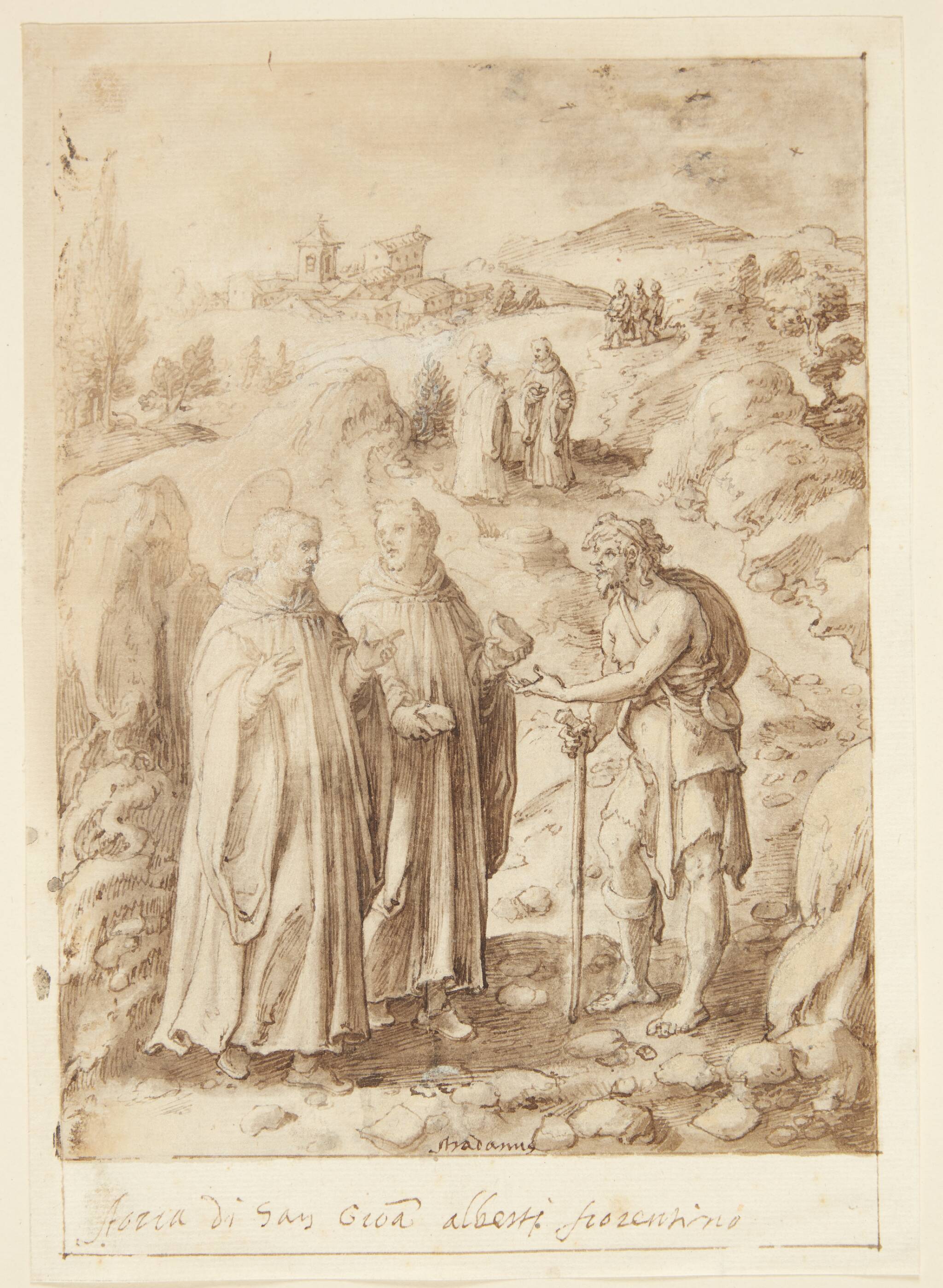 S. Giovanni Alberti Fiorentinos historie. Helgenen og den ledsagende munk giver en tigger deres sidste brød