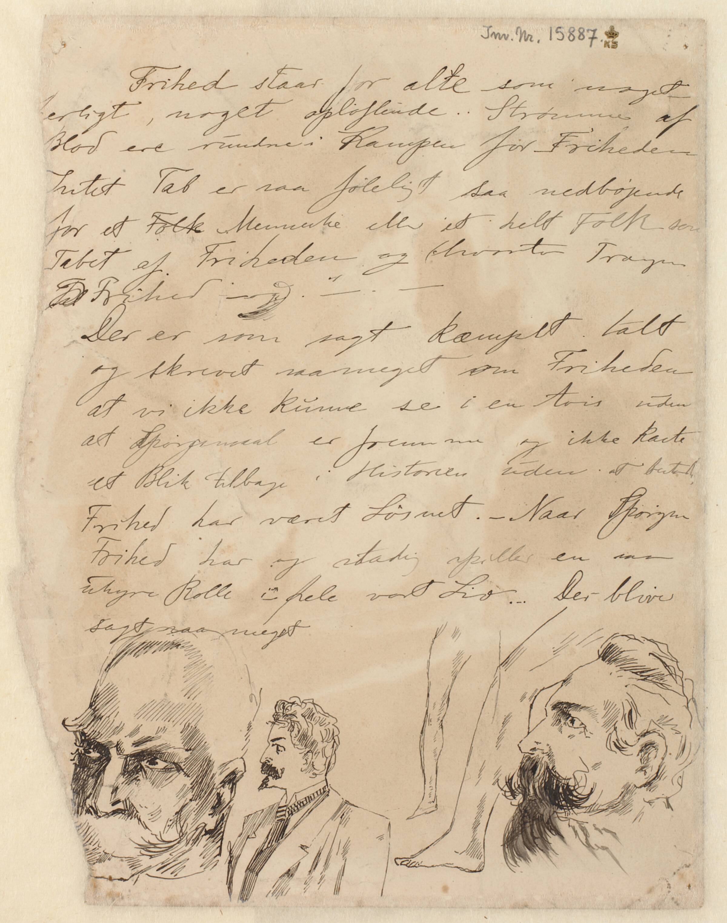 Tre hoveder i profil, ben og tekst, Johannes Holbek, 1872-1903
