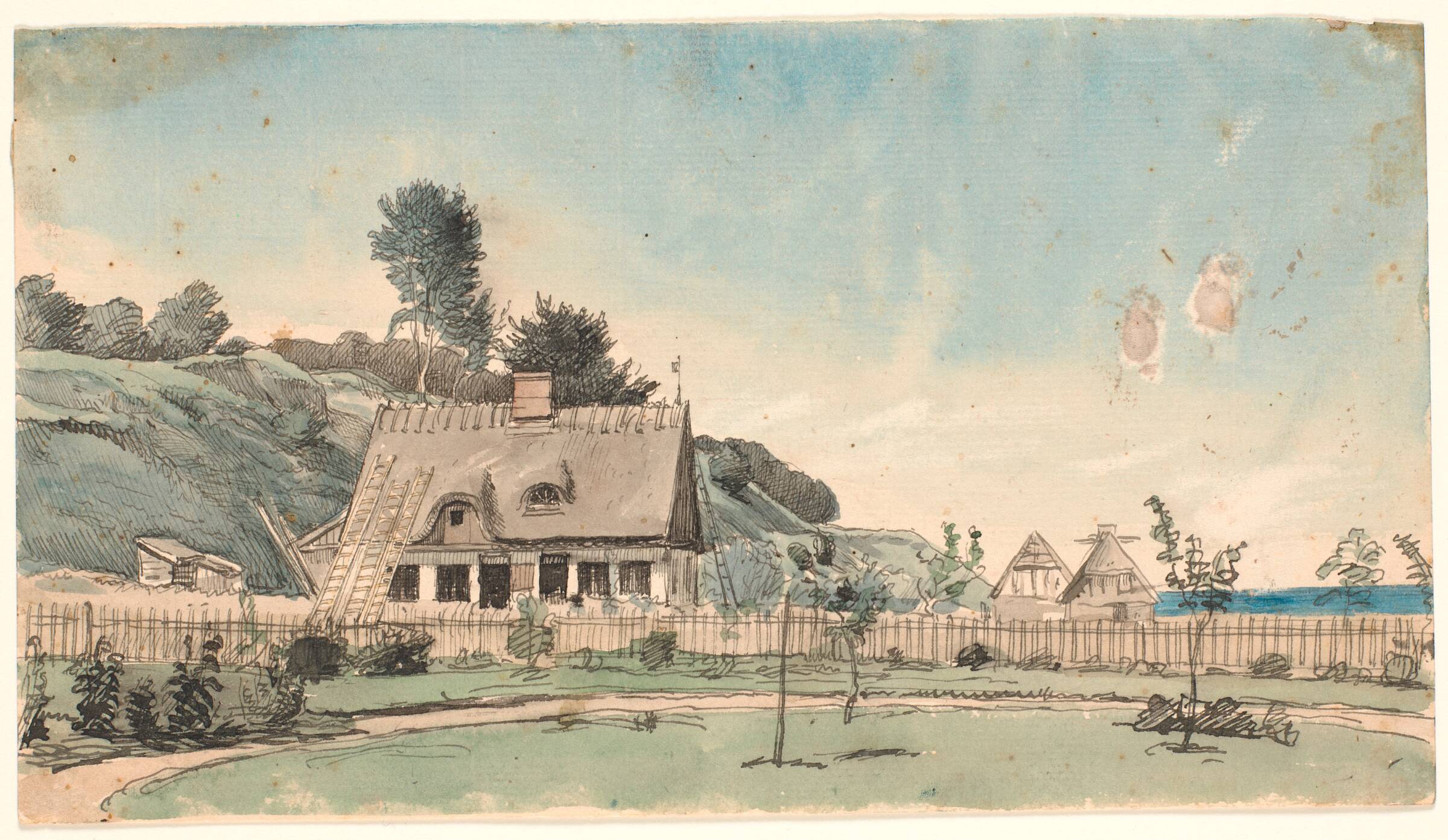 Kystlandskab med stråtækte huse., P.C. Skovgaard, 1840-1849