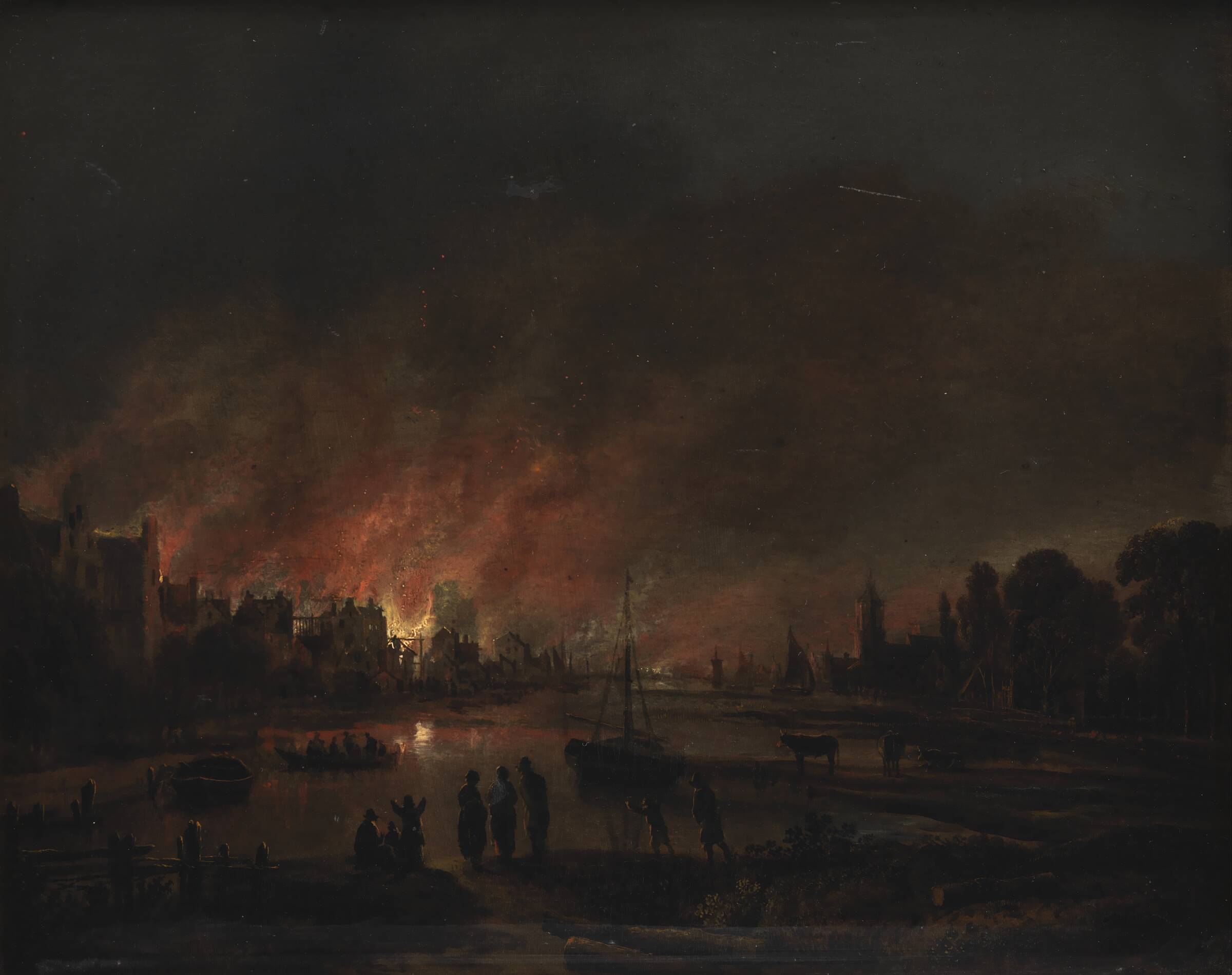 Natlig ildebrand i en landsby, Aert van der Neer, 1618-1677