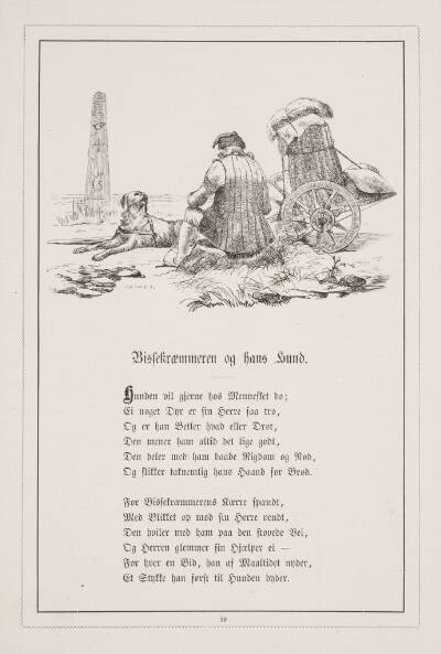 Bissekræmmeren og hans hund. Illustration til H.V. Kaalund, "Fabler for Børn"
