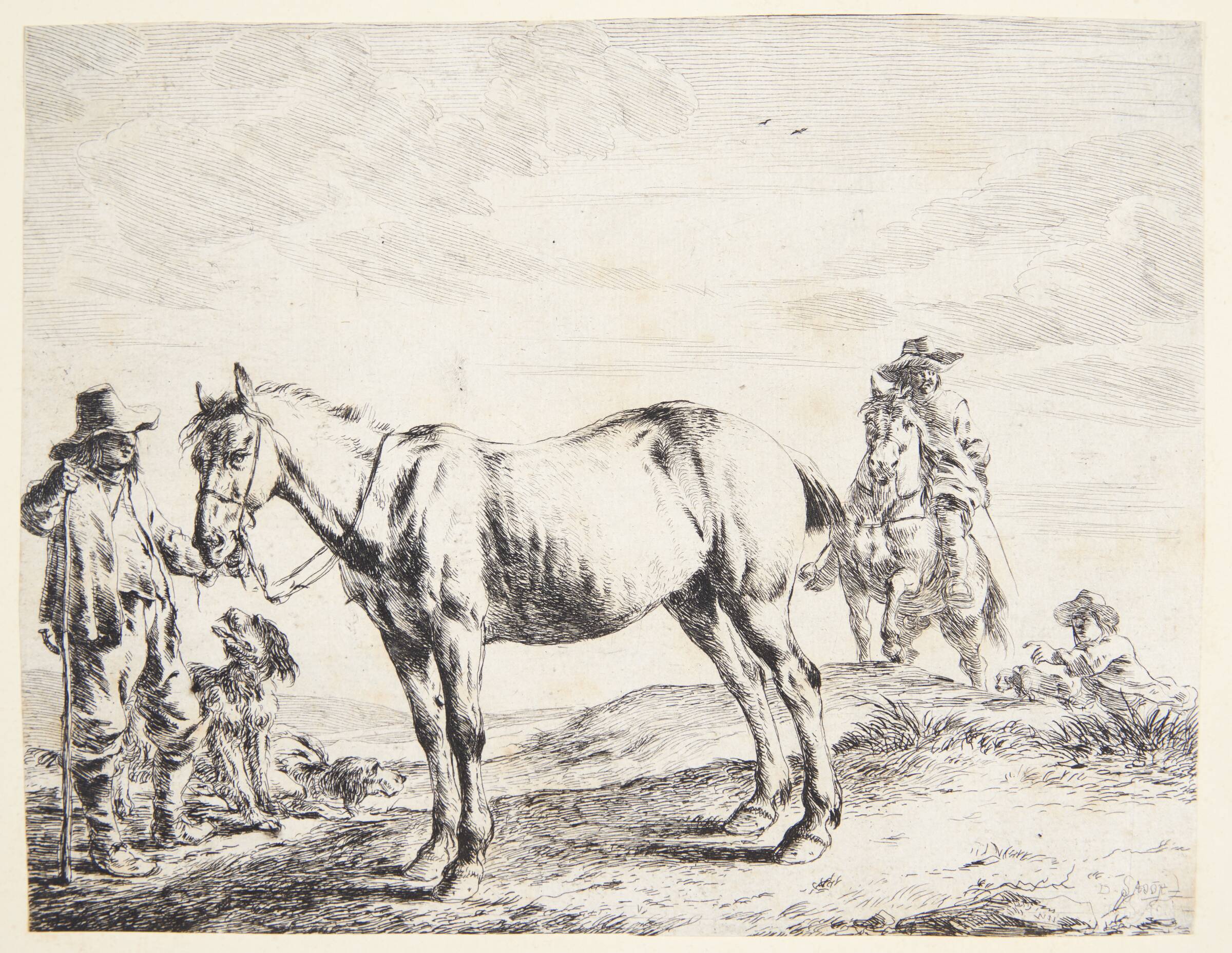 En mand holder en hest ved hovedtøjet, Dirk Stoop, 1651