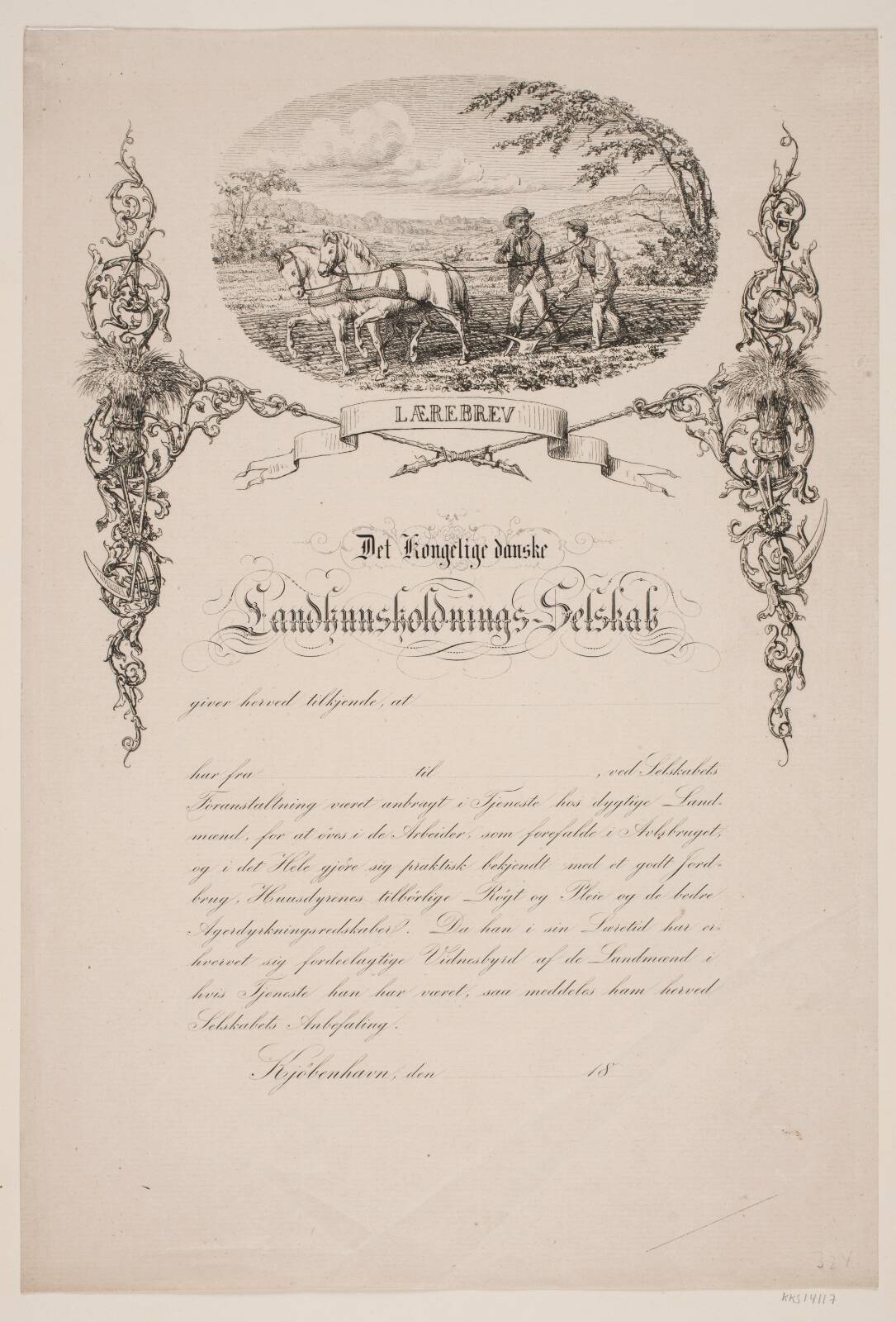 Lærebrev til Det Kongelige Landhusholdningsselskab, by Jørgen V. Sonne, 1801-1890