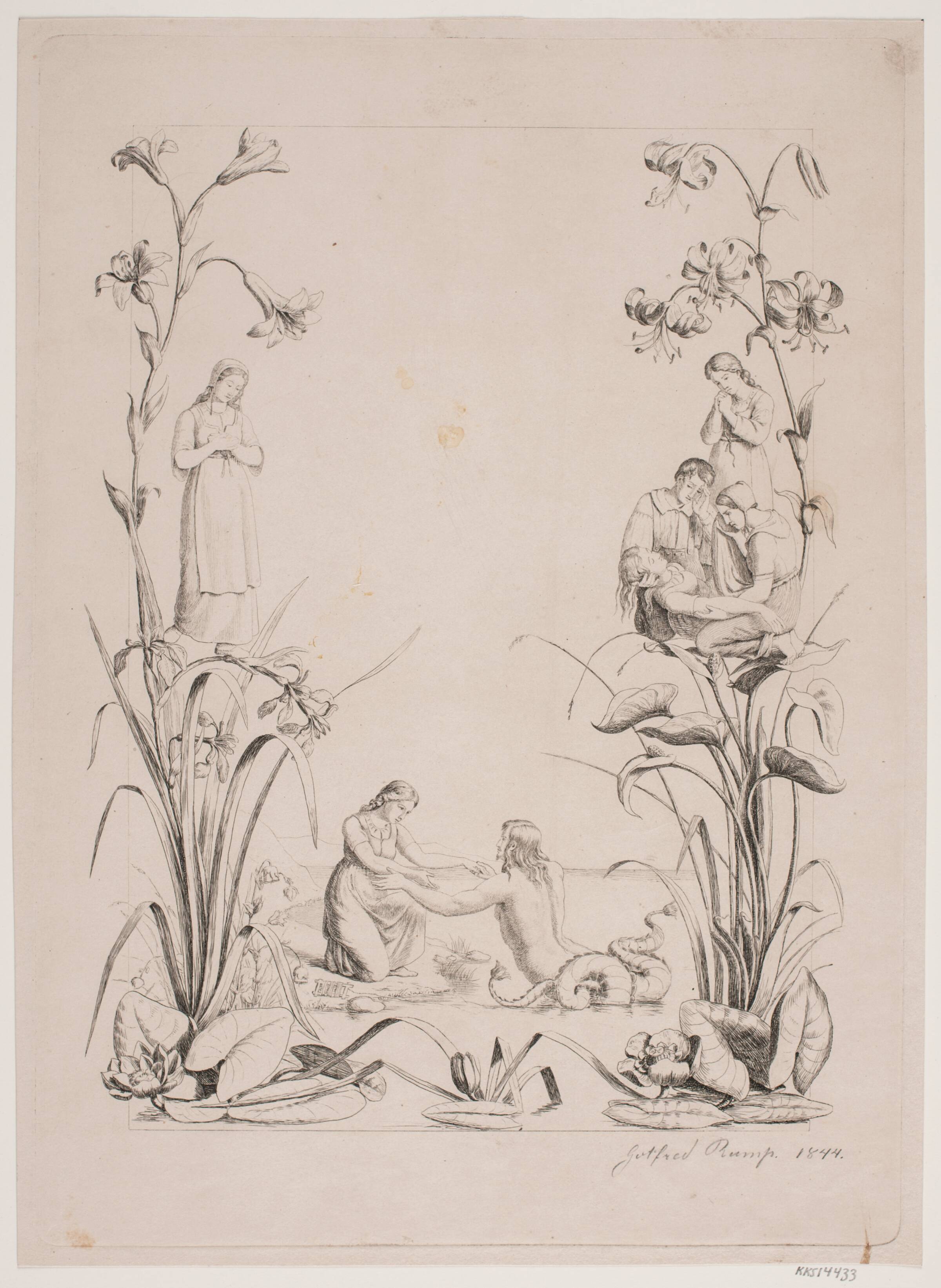 Randtegning, formentlig til titelblad til "Liden Gunver", Godtfred Rump, 1844