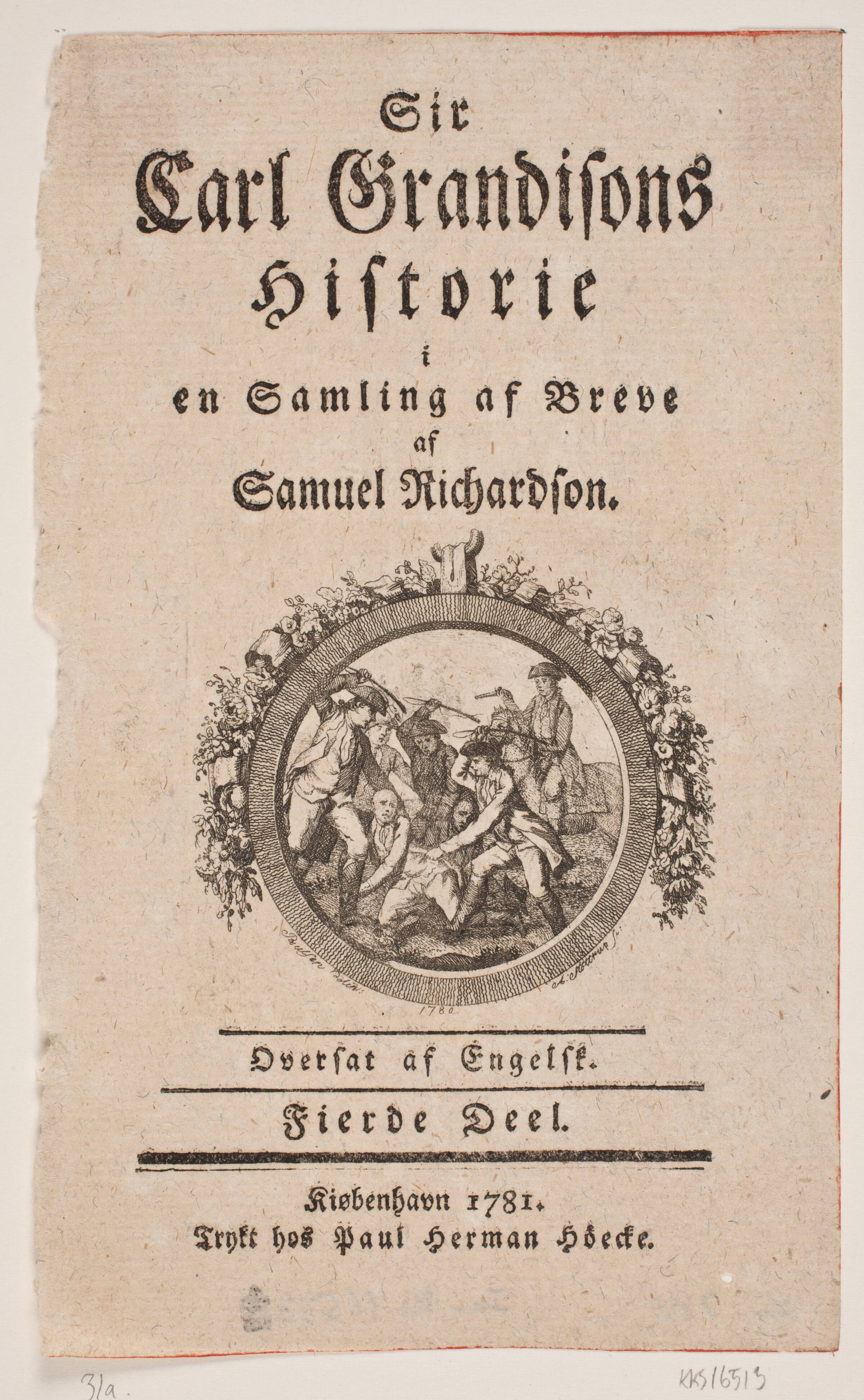Vignet til "Sir Carl Grandisons Historie", 4. del, af Samuel Richardson, København 1780, Andreas Støttrup, 1780