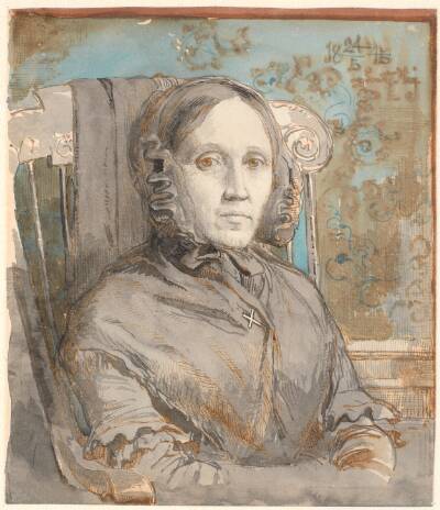 Portræt af kunstnerens moder, oberstinde Cathrine Lundbye (f. Bonnevie); halvfigur siddende i stol mod højre.