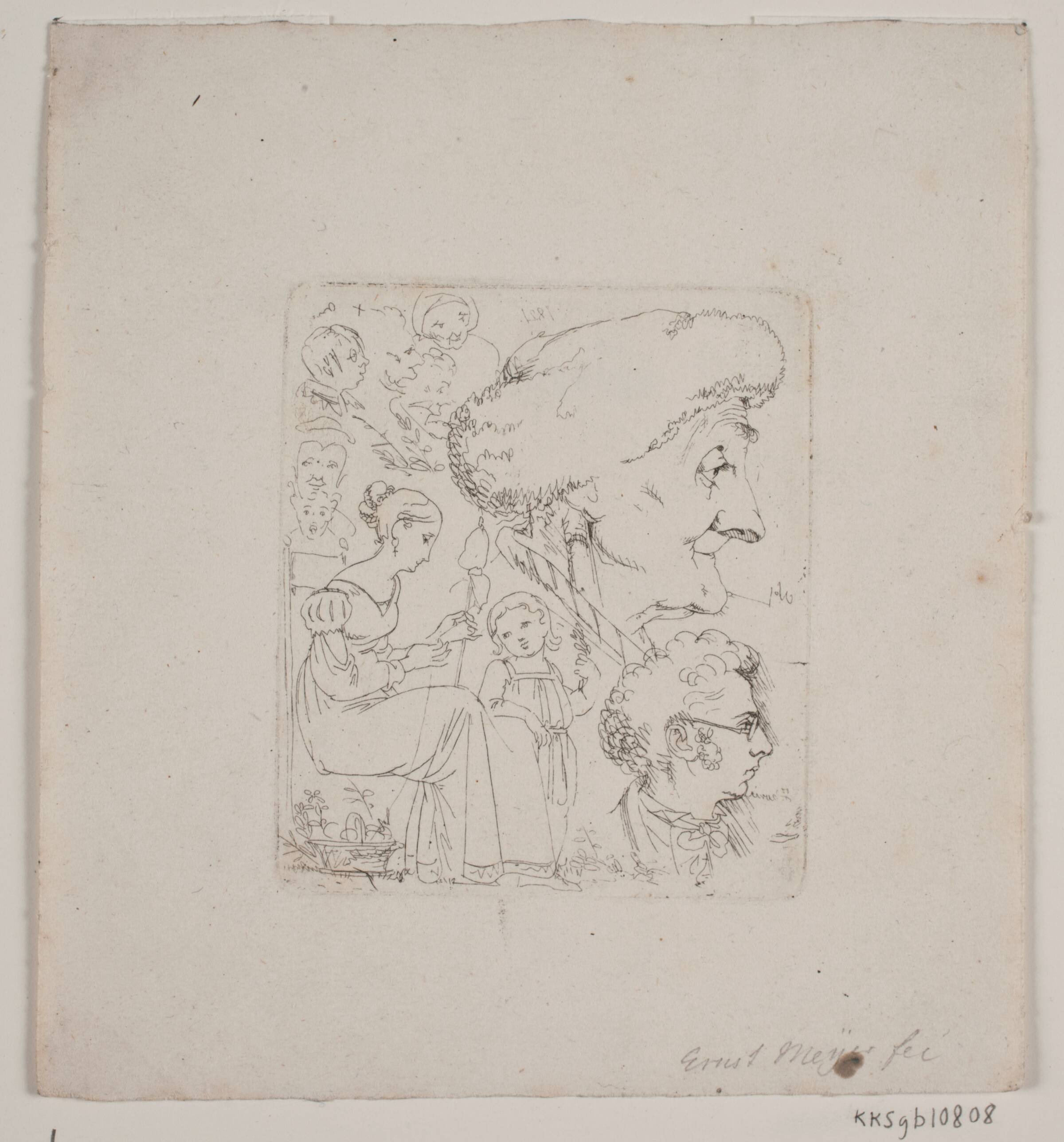 Prøveblad med selvportræt og ansigtsstudier i profil, Ernst Meyer, 1821