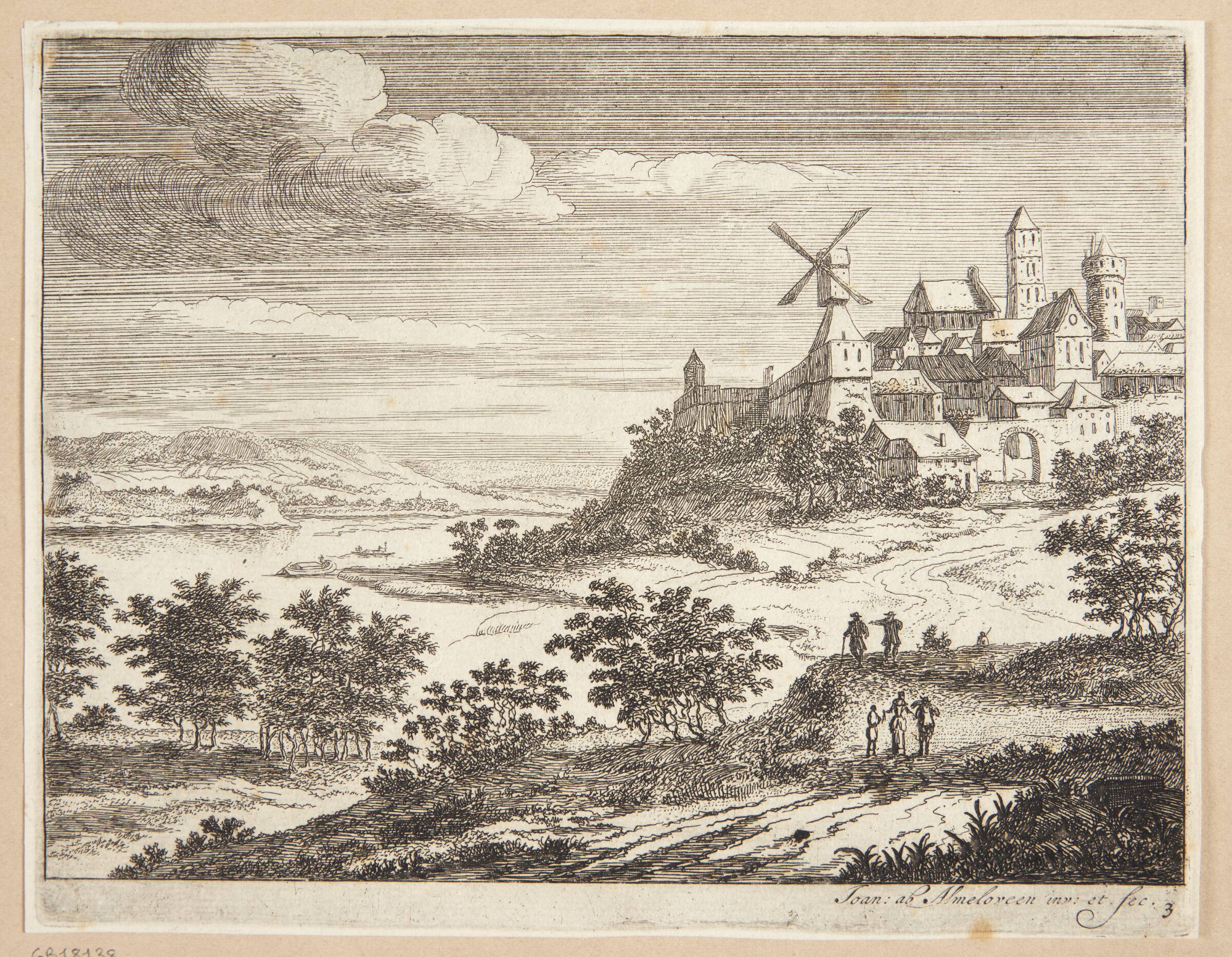 Flodlandskab med vejfarende, i baggrunden en by med en vindmølle, Jan van Almeloveen, 1652-1683