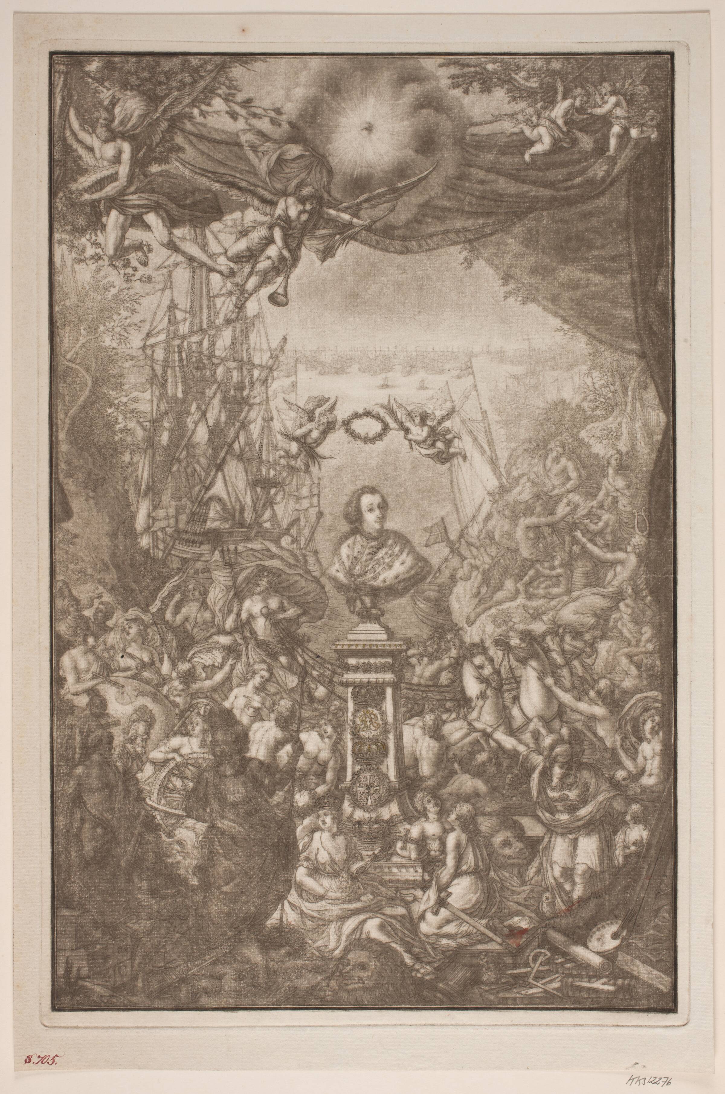 Buste af Frederik V. Titelblad til ""Auserlesene Schnecken, Muscheln und Schalthiere ...", Franz Michael Regenfuss, 1758