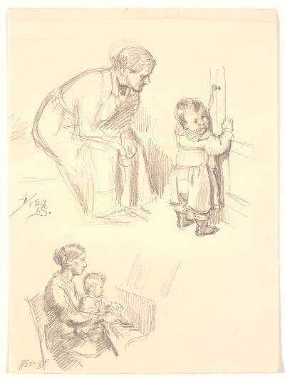 To figurstudier. Øverst en siddende kvinde som iagttager et barn ved en dør; nederst en kvinde med et banr ved klaveret