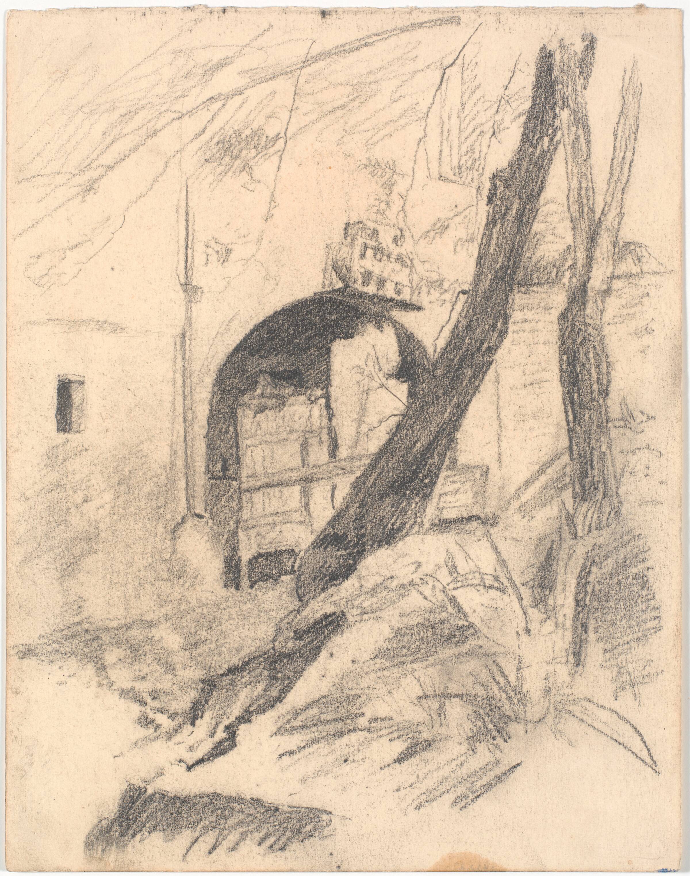 Port i en italiensk bygning eller bymur. I forgrunden to træer, L.A. Ring, 1893-1895