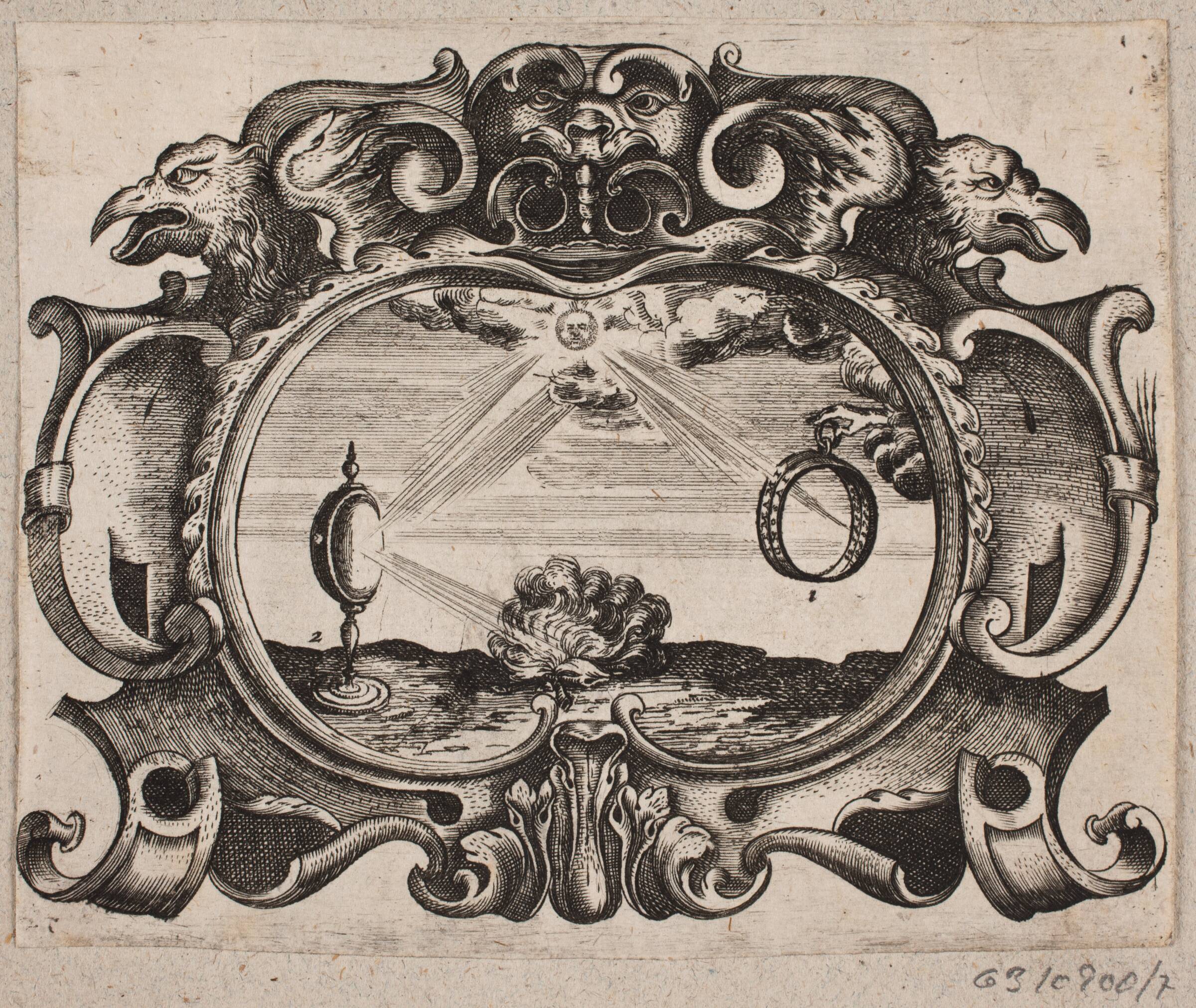 Emblem med sol, der stråler gennem en ring og gennem et brændeglas, så der antændes et bål, Christian Rothgiesser, 1645-1659