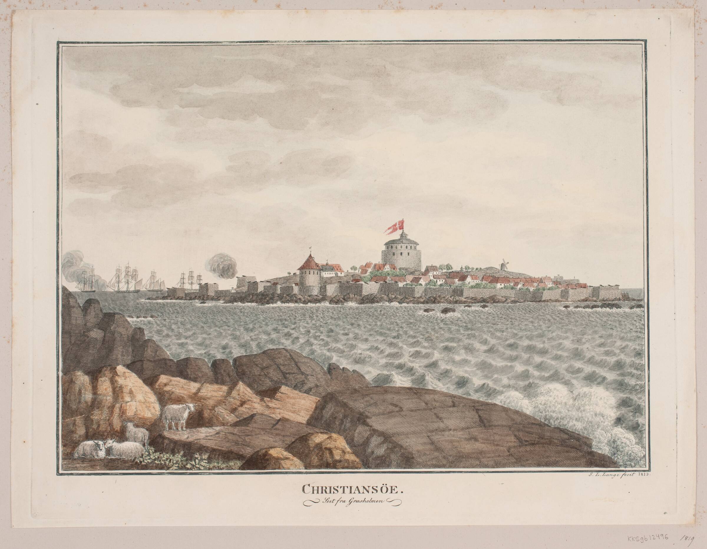 Christiansø. Set fra Græsholmen, Søren L. Lange, 1819