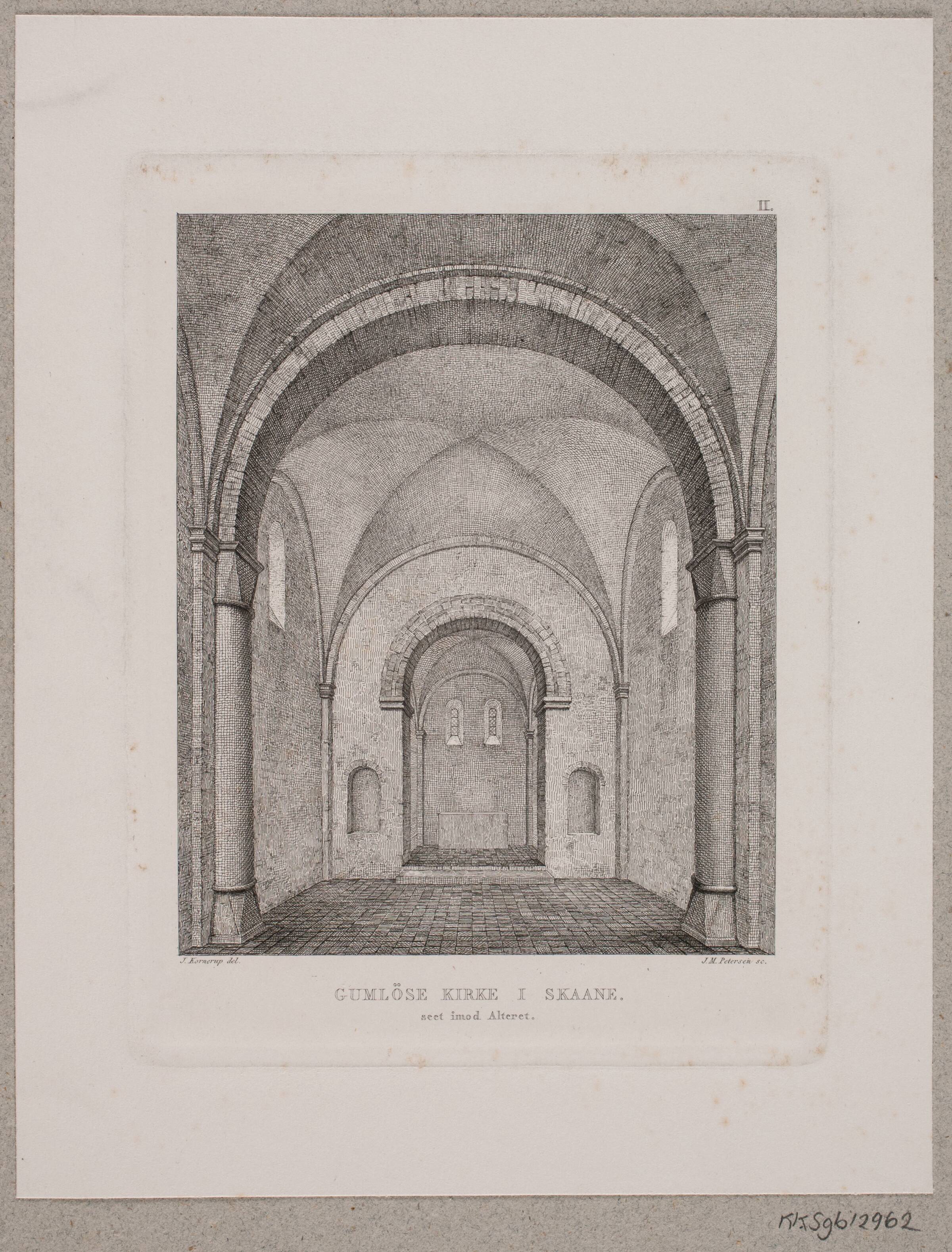 Gumlöse kirke i Skåne set imod alteret, Julius Magnus-Petersen, 1834-1866