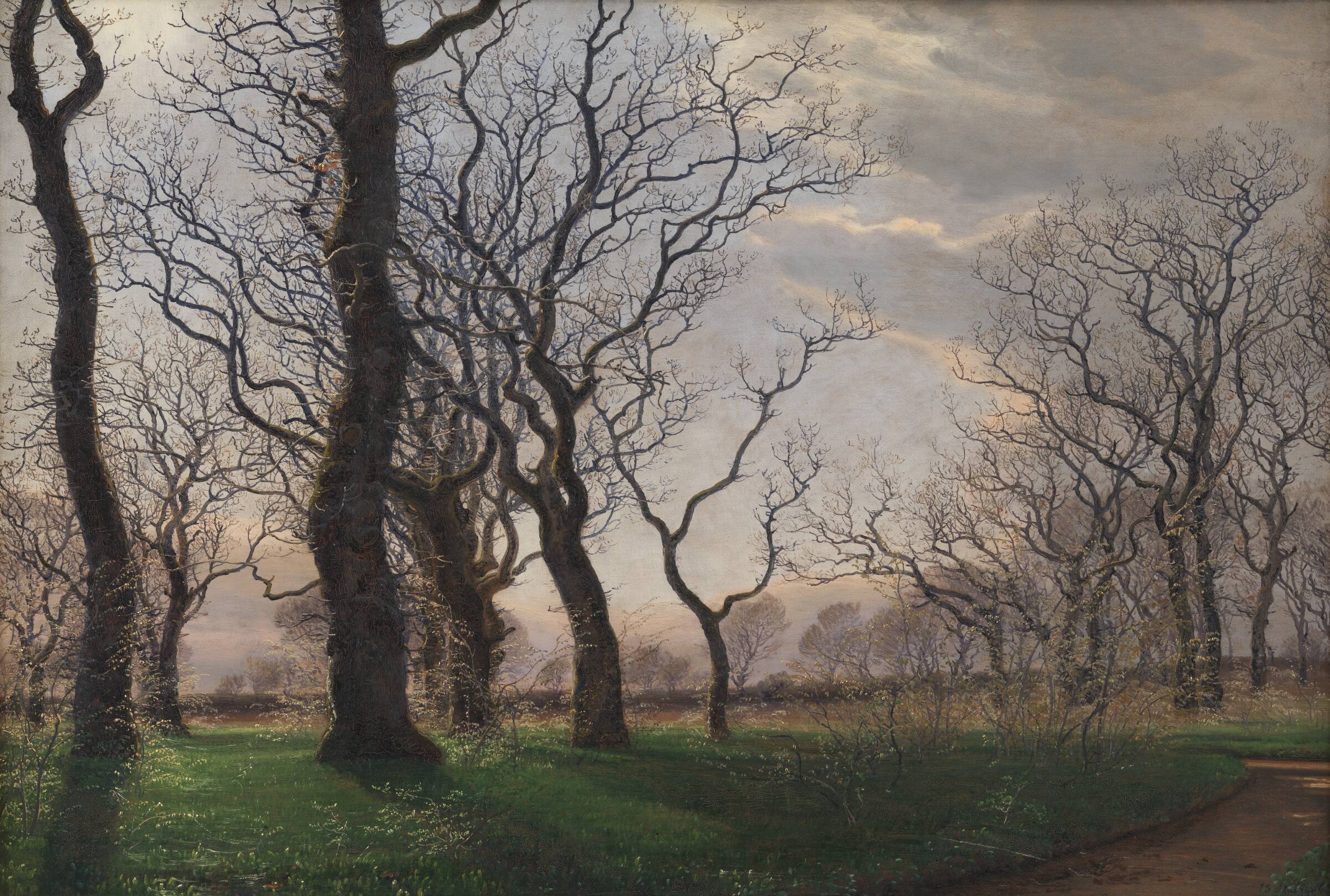 I udkanten af en egeskov en tidlig forårsmorgen, Janus la Cour, 1863