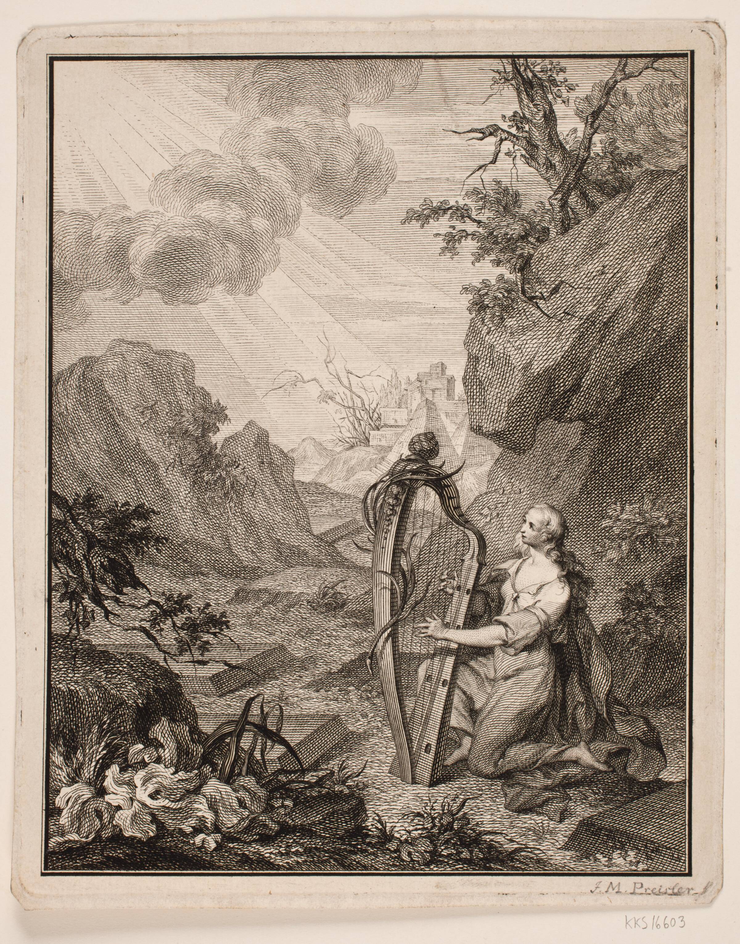 Harpespillende kvinde i bjerglandskab, J.M. Preisler, 1756