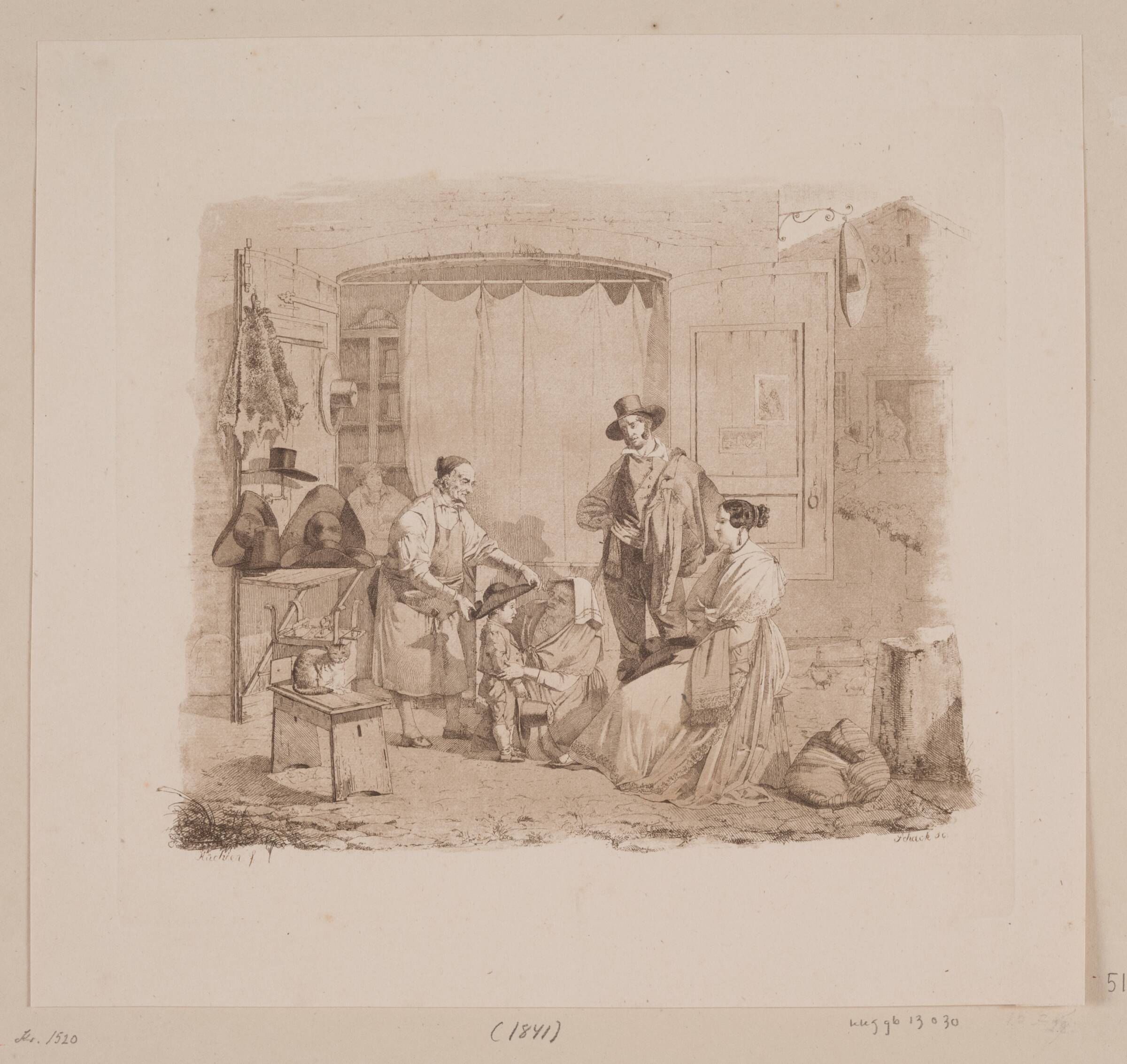 Scene foran en romersk hattemagerbutik, Sophus Schack, 1841