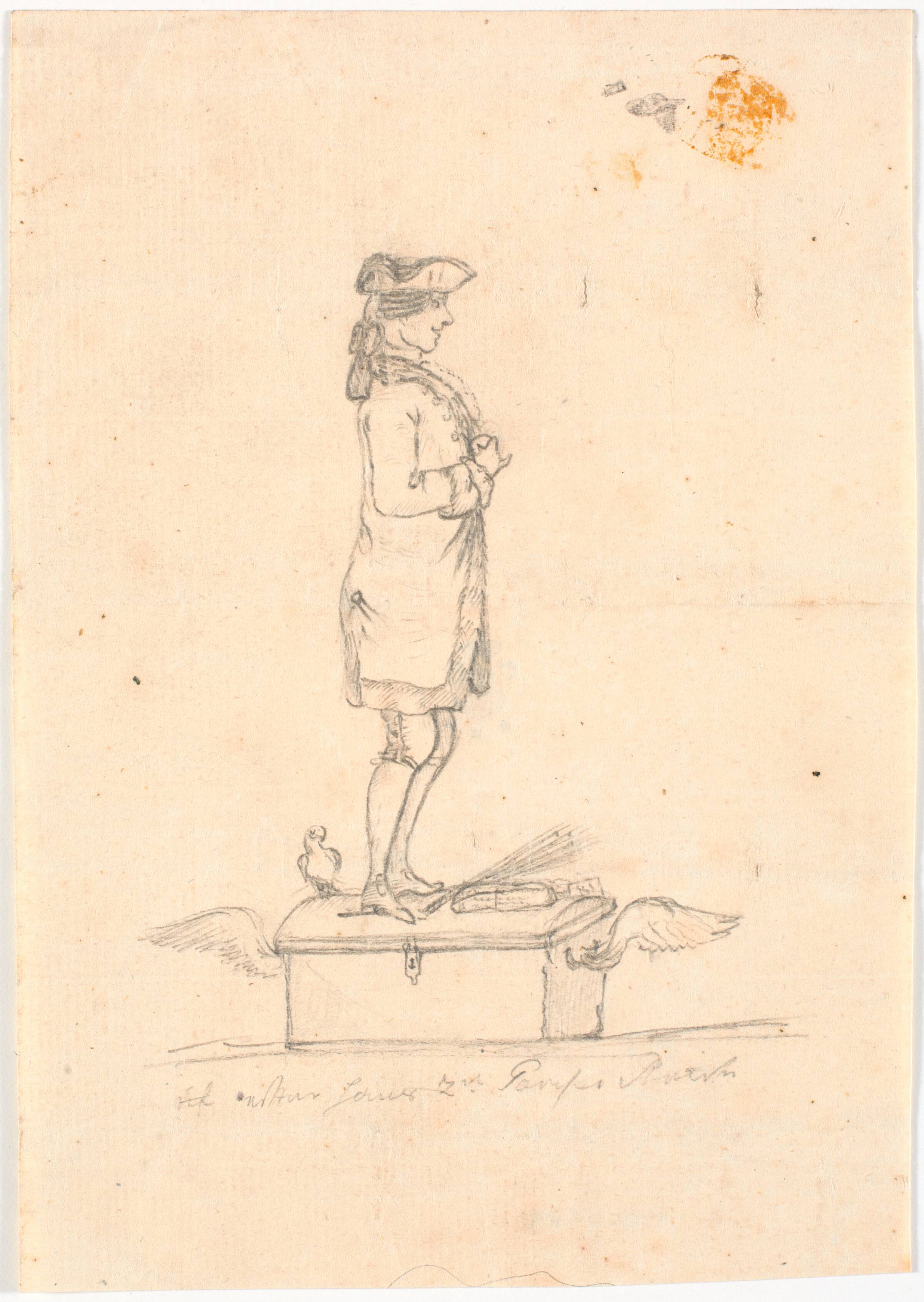 Yngre mand stående på en kuffert med vinger, Erik Pauelsen, 1749-1790