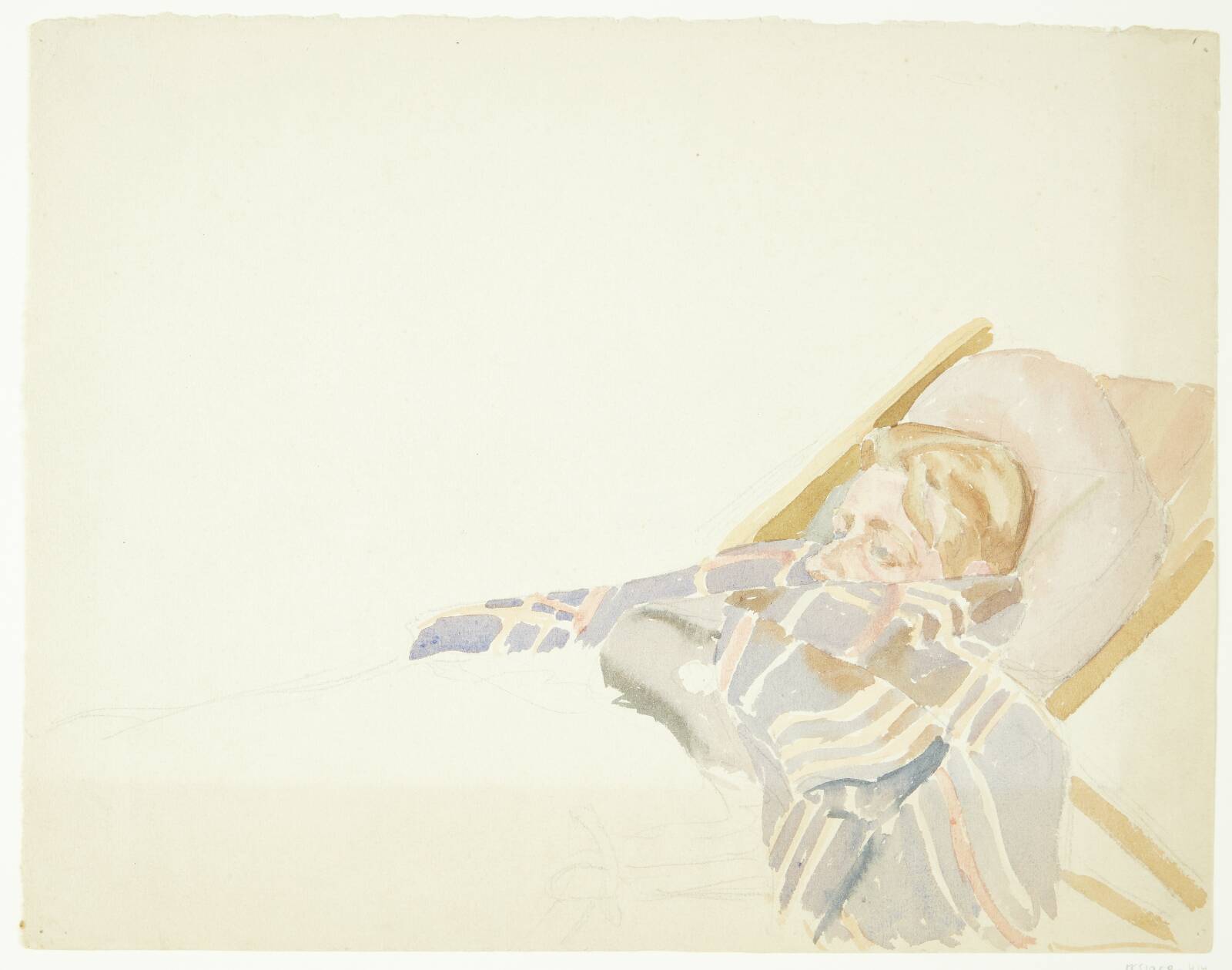 Ung mand indsvøbt i plaid, liggende i en liggestol, by Peter Hansen, 1819-1919