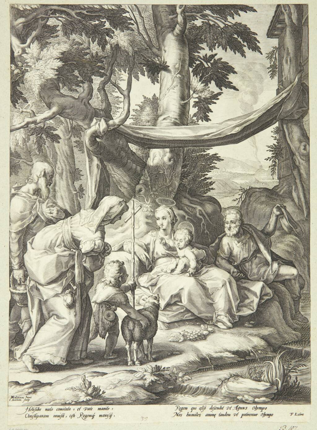 Den hellige familie siddende i et landskab med Elisabeth, Zakarias og Johannes Døberen som barn
