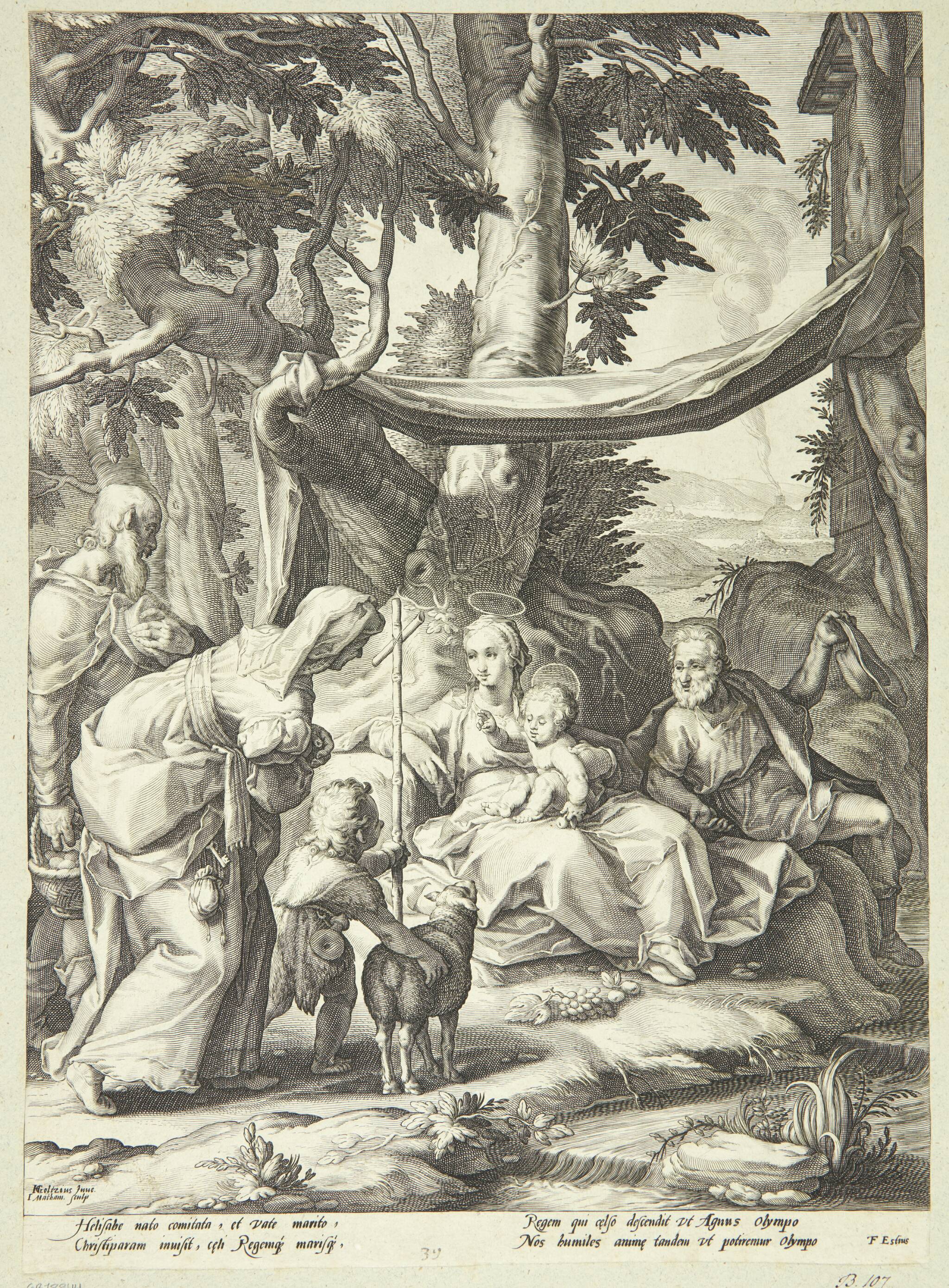 Den hellige familie siddende i et landskab med Elisabeth, Zakarias og Johannes Døberen som barn
