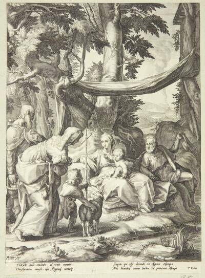 Den hellige familie siddende i et landskab med Elisabeth, Zakarias og Johannes Døberen som barn