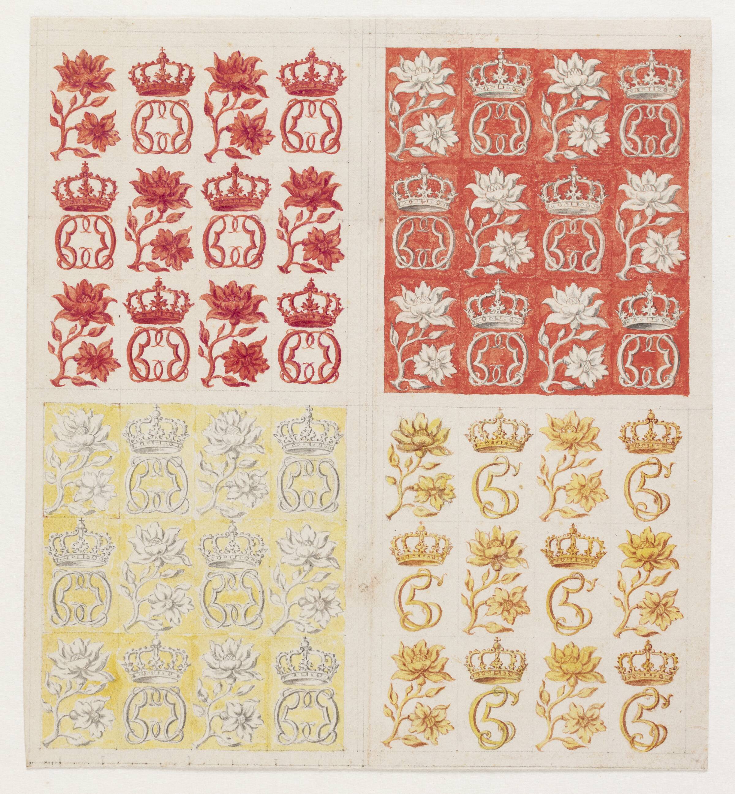 4 stofmønstre med Christian V's monogram, i varierende farver, Lambert van Haven, 1630-1695