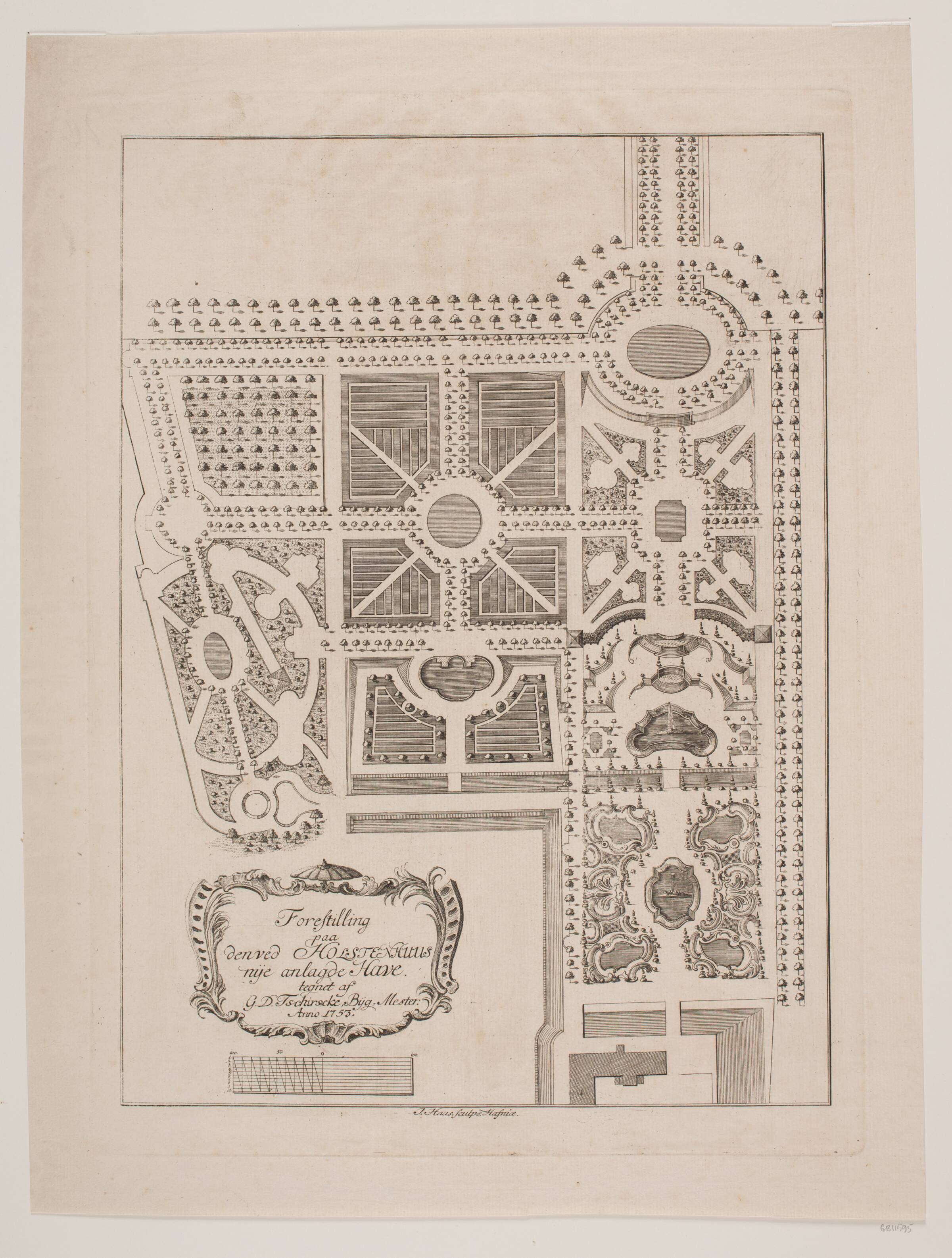 "Forestilling på den ved Holstenhuus nye anlagde Have tegnet af G. D. Tschirscke, Bÿg-mester. Anno 1753", Jonas Haas, 1720-1775