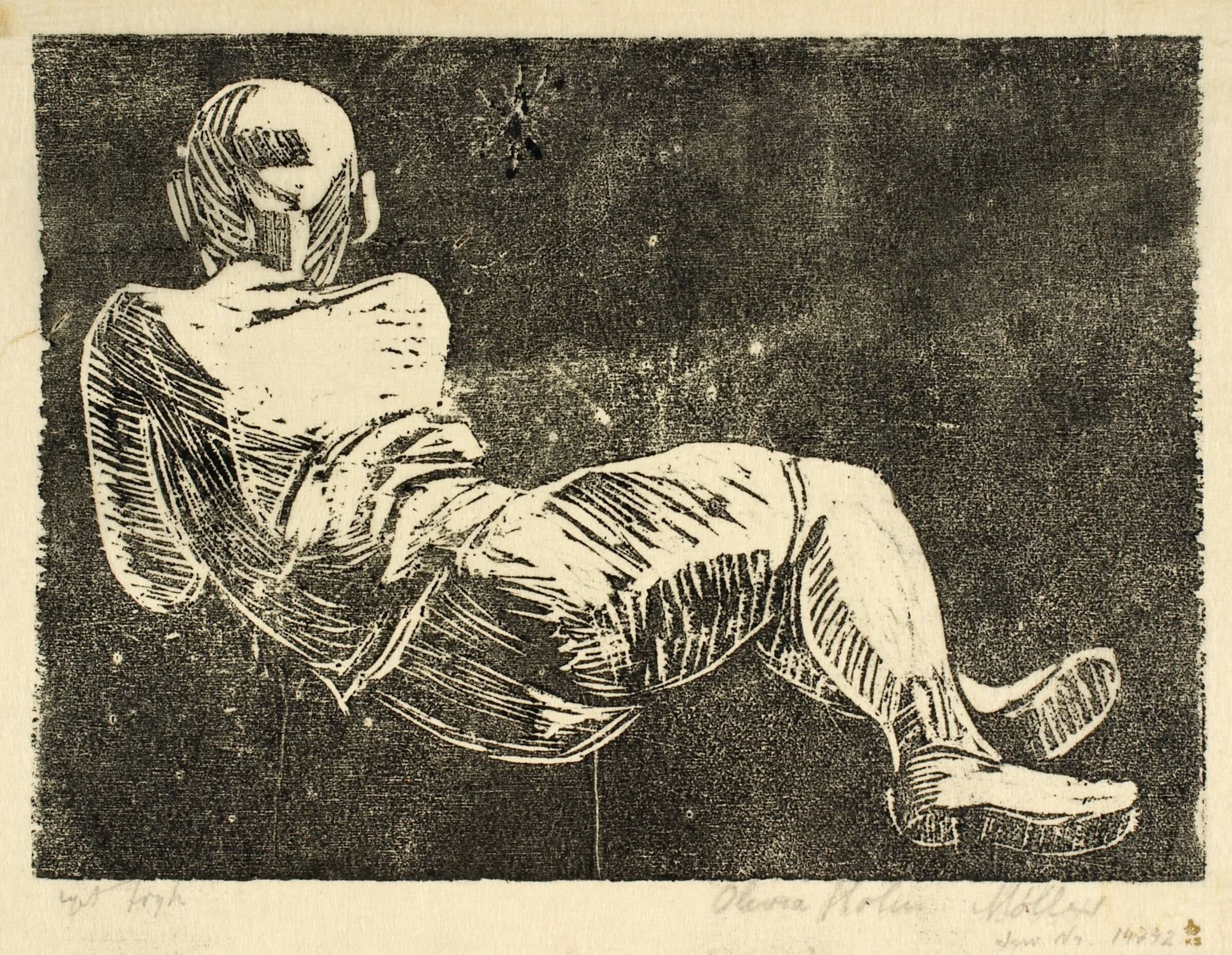 Liggende dreng set bagfra, Olivia Holm-Møller, 1920