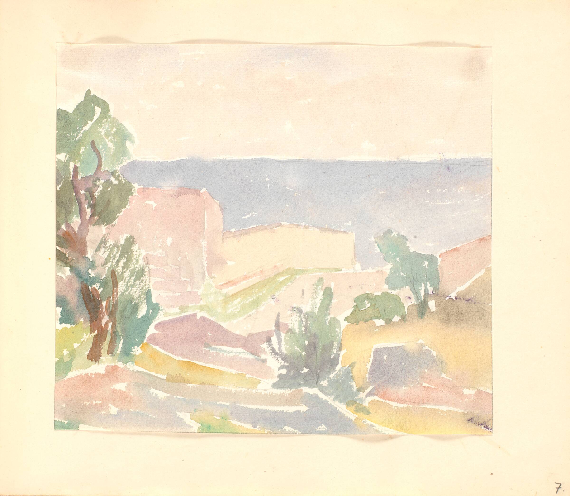 Mur og vej, Kildendals Bastion; i forgrunden træer og buske, Johannes Frederiksen, 1944