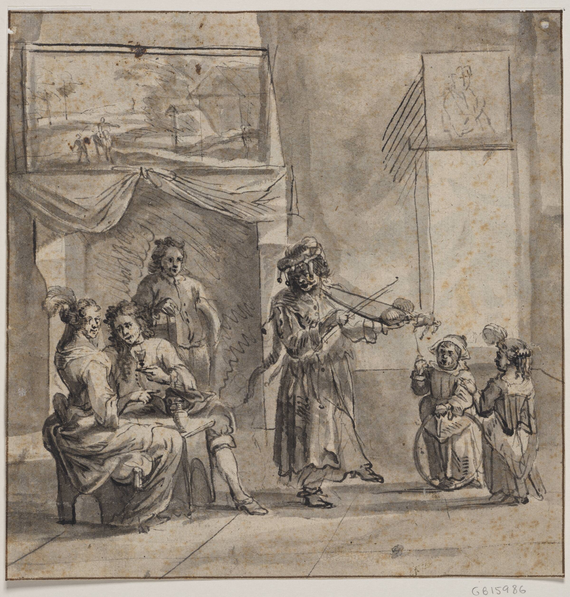 Gøglere optrædende for et galant selskab, Jan Verkolje, 1650-1693