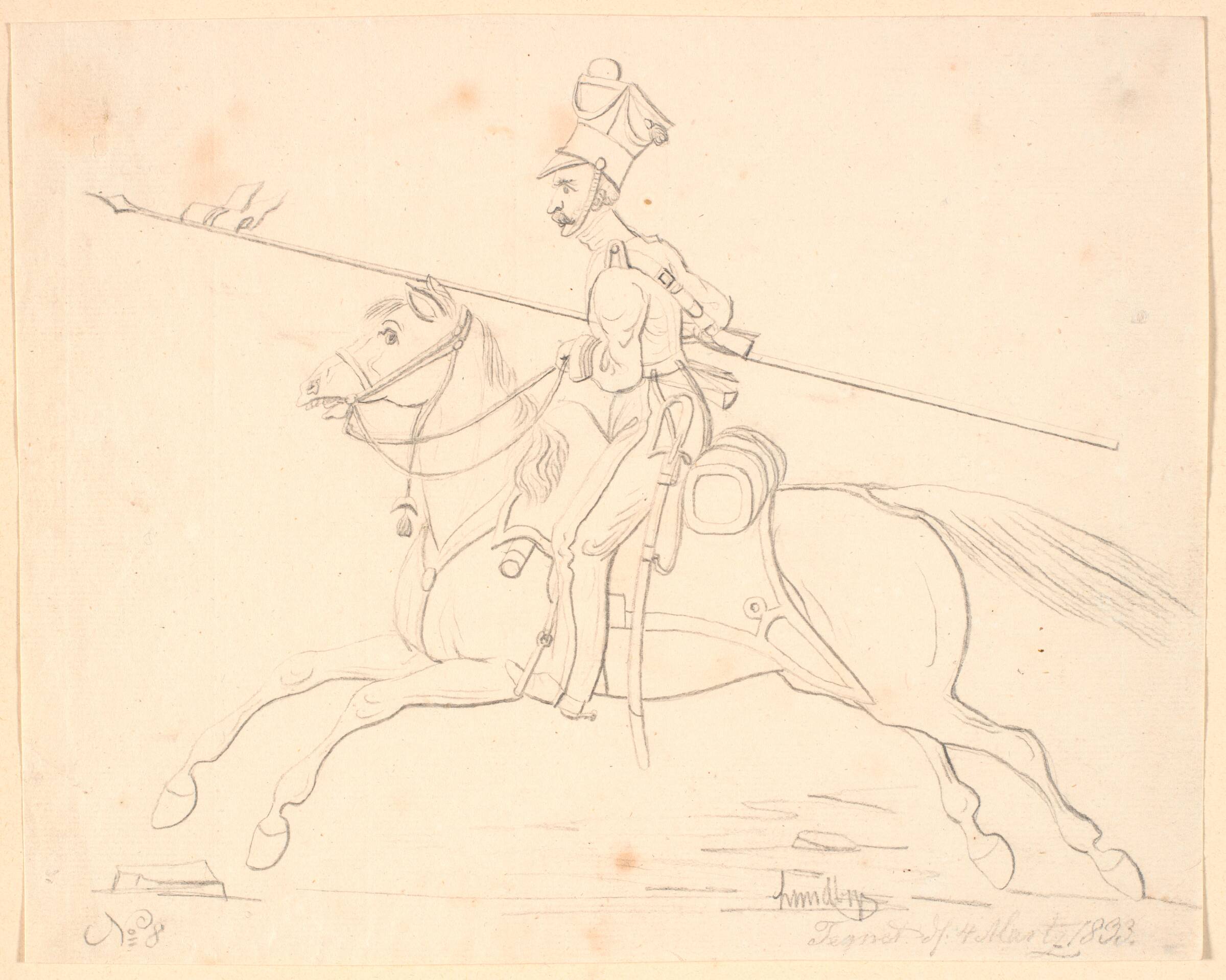 Ridende soldat med lanse i hånden, Johan Thomas Lundbye, 1833