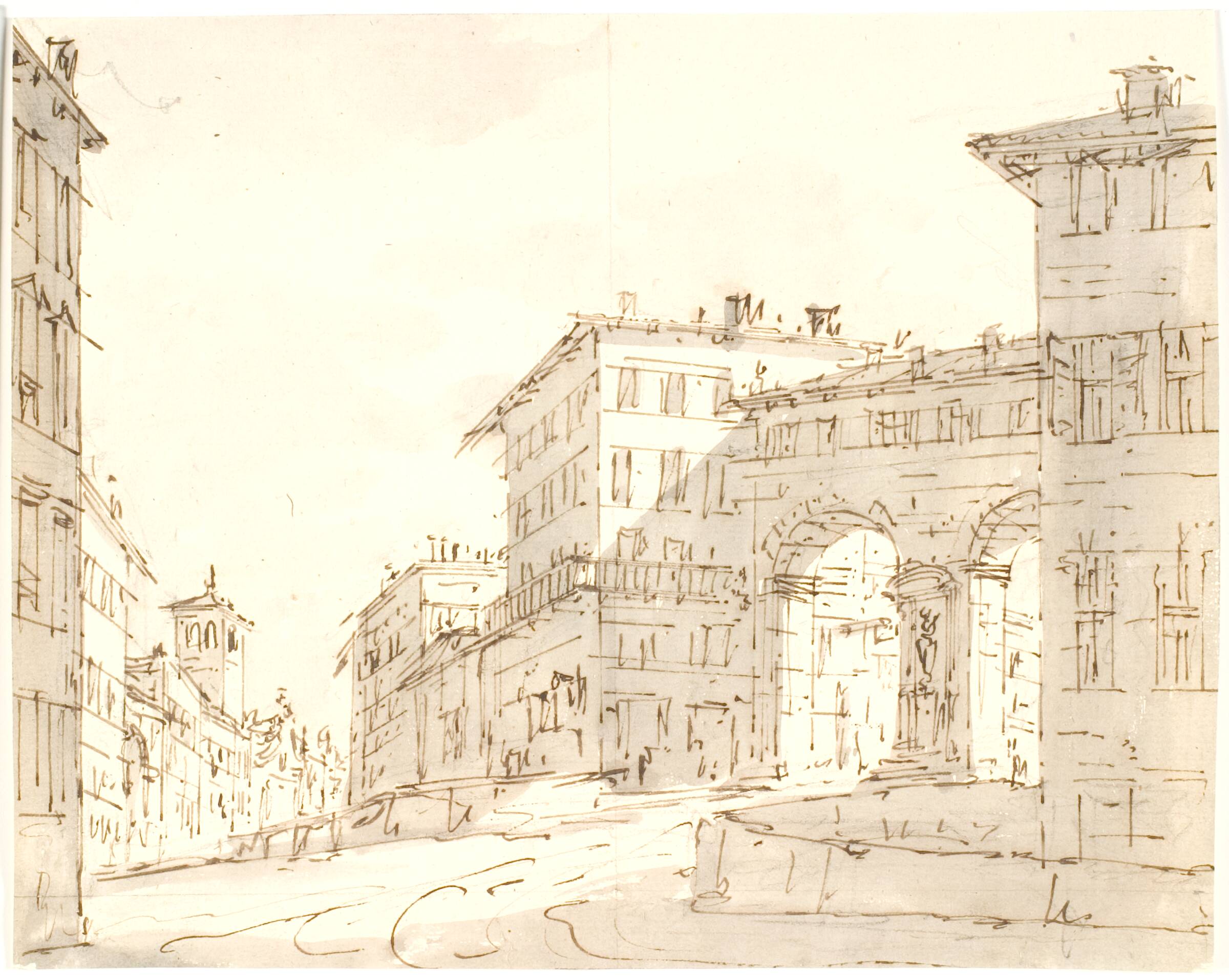 Italiensk gadeparti med kirke t.v. og portal t.h., Aron Wallick, 1803-1809