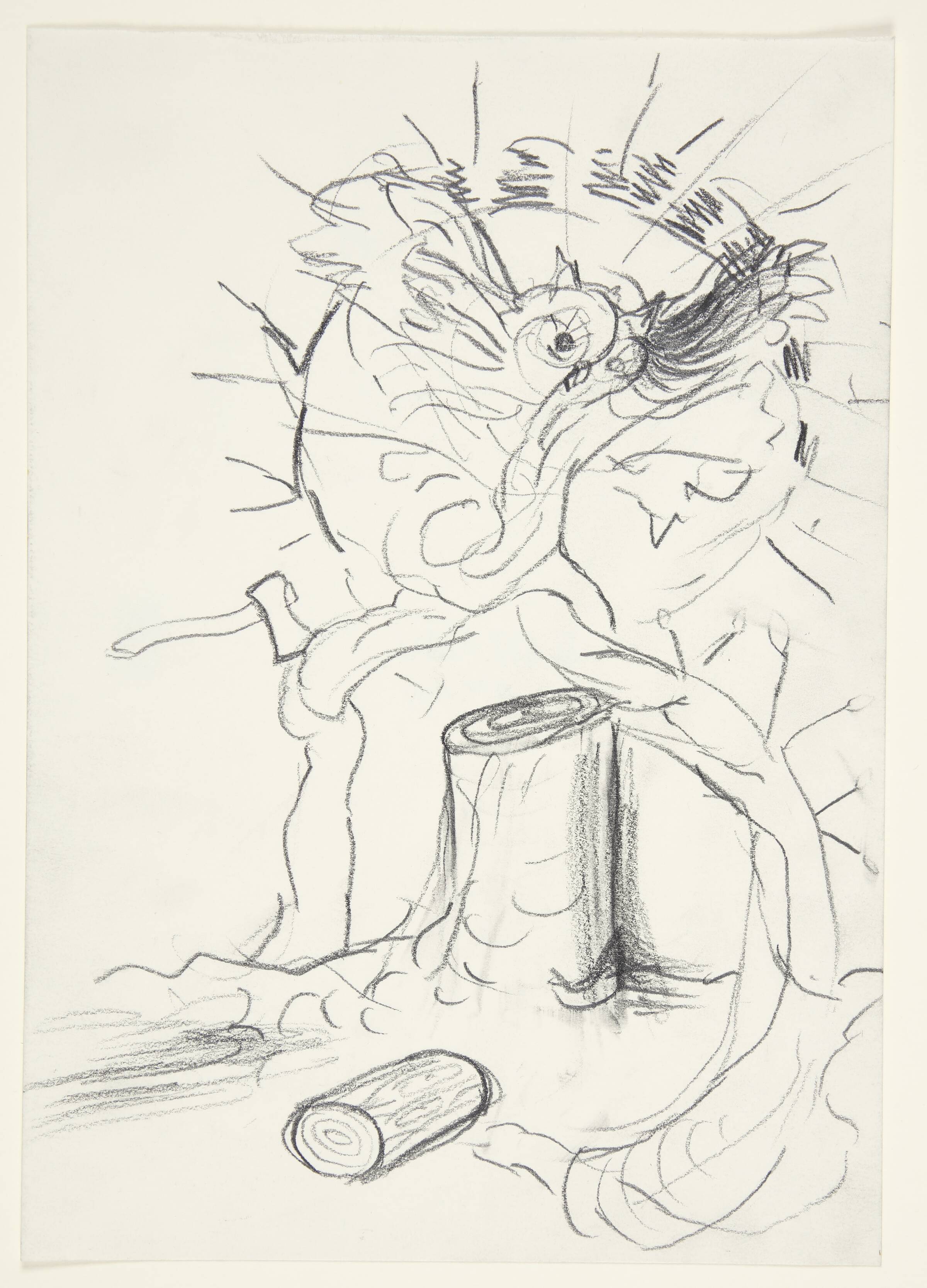 Komposition med træstub og økse i stamme, Annemette Larsen, 1984