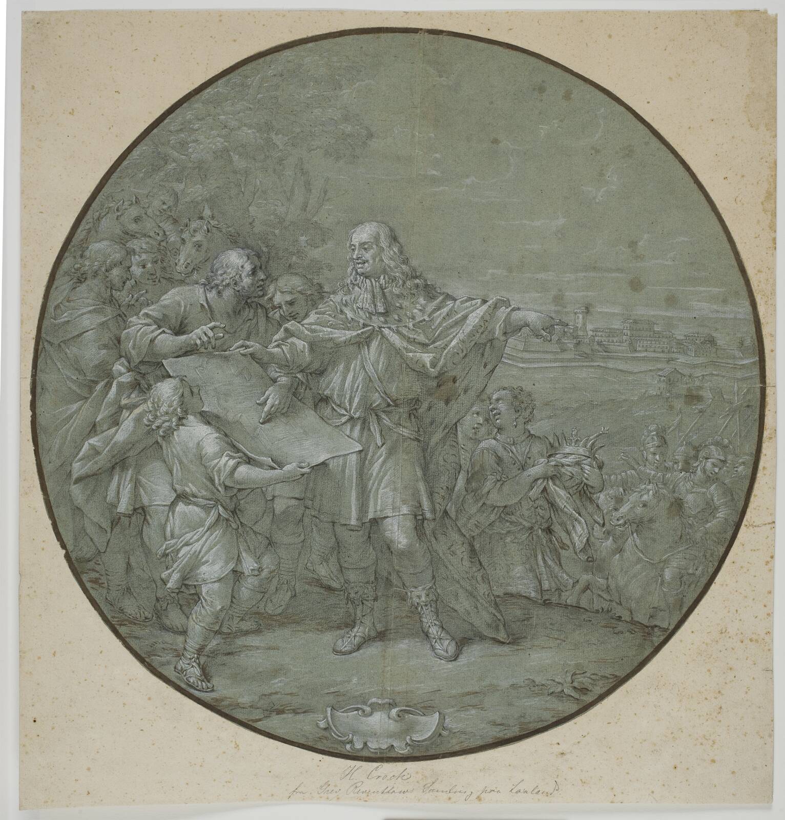 Cosimo III fortifying the harbour of Leghorn. Preparatory drawing for one of the Giovanni silver plates, by Filippo Luzi, 1702-1706