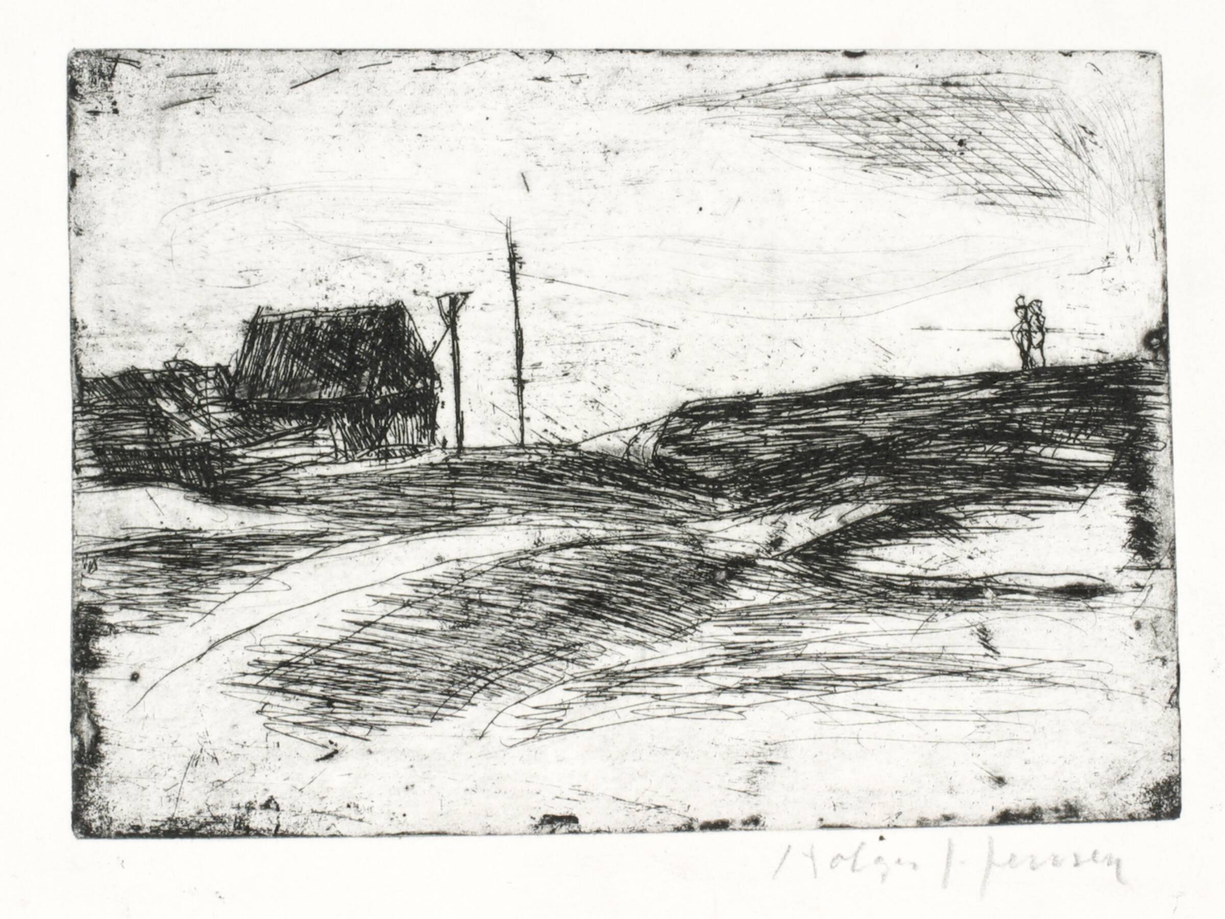 Landskab med lille hus og fjern figur, Holger J. Jensen, 1900-1966