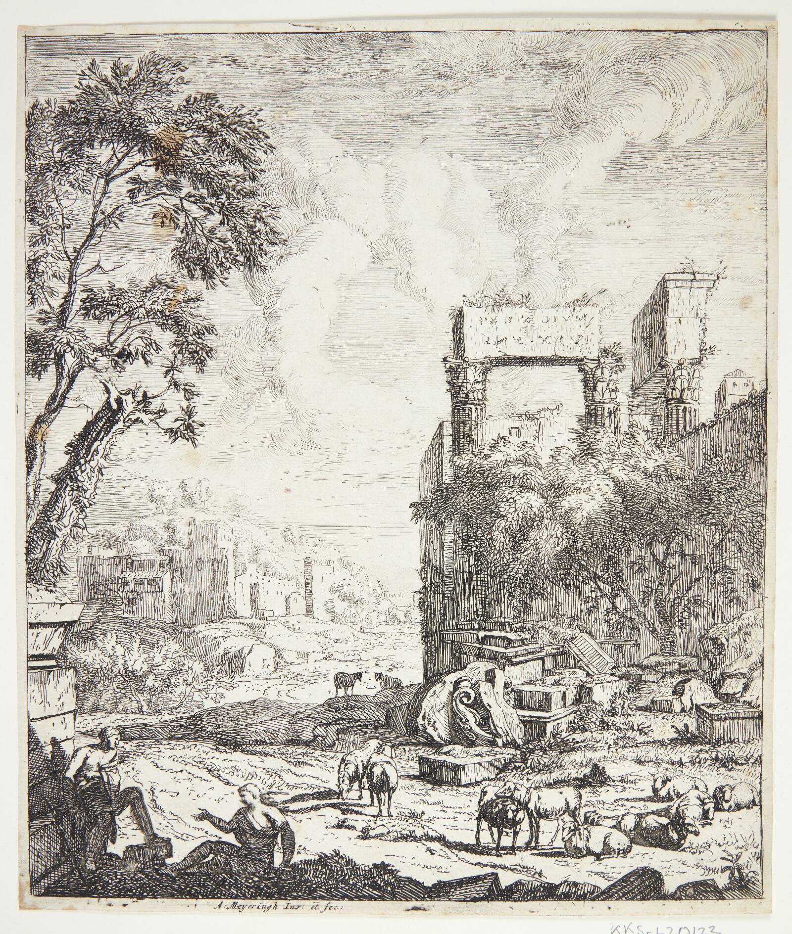 Landskab med en fåreflok, Albert Meyering, 1645-1714
