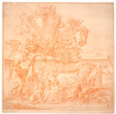 Dekorationsudkast med en gammel mand, symboliserende tiden, et skjold, en vase, en ørn og flere allegoriske figurer