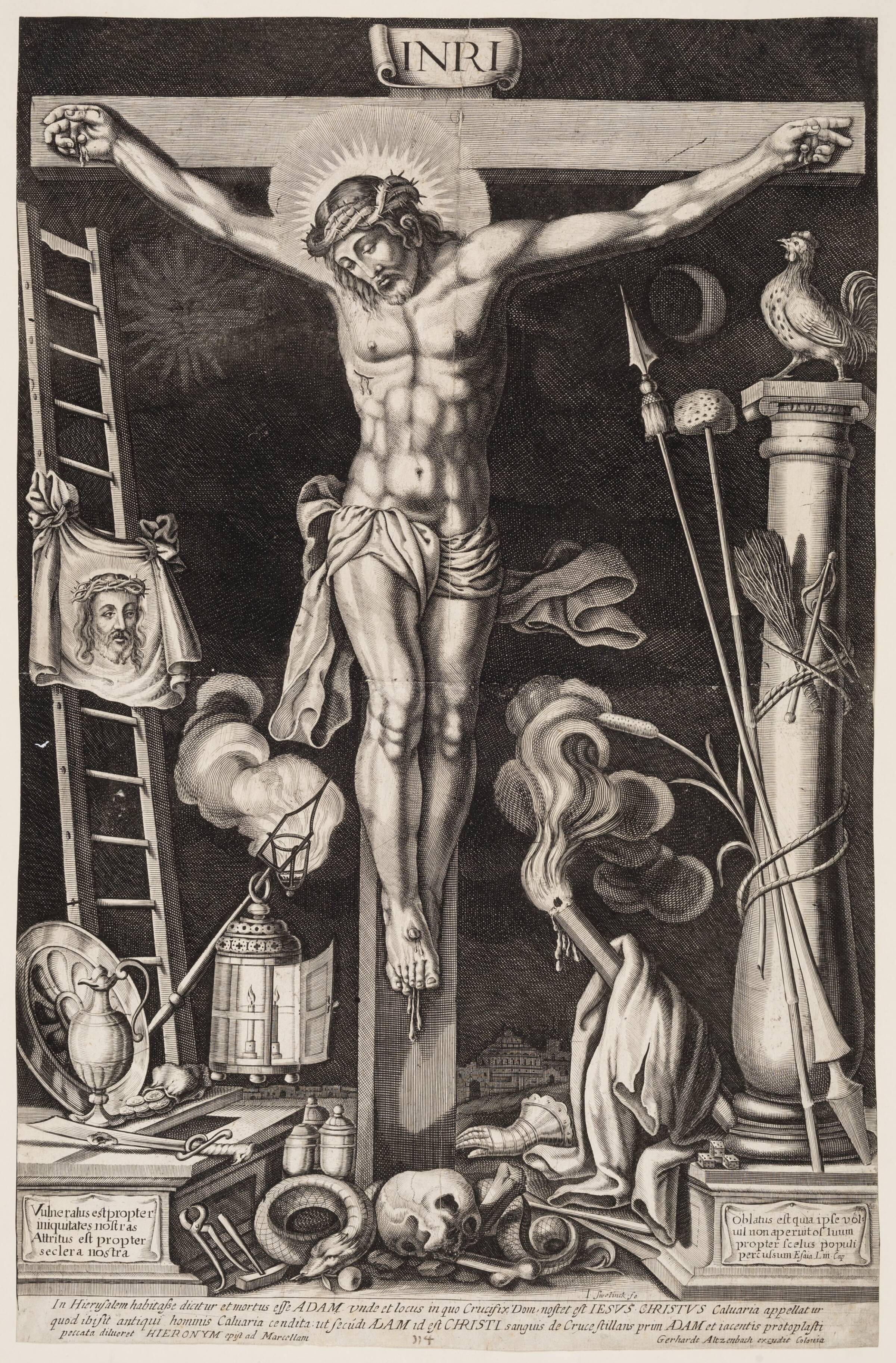 Christus på korset omgivet af passionsinstrumenter, Jan Gerritsz. Swelinck, 1615-1660