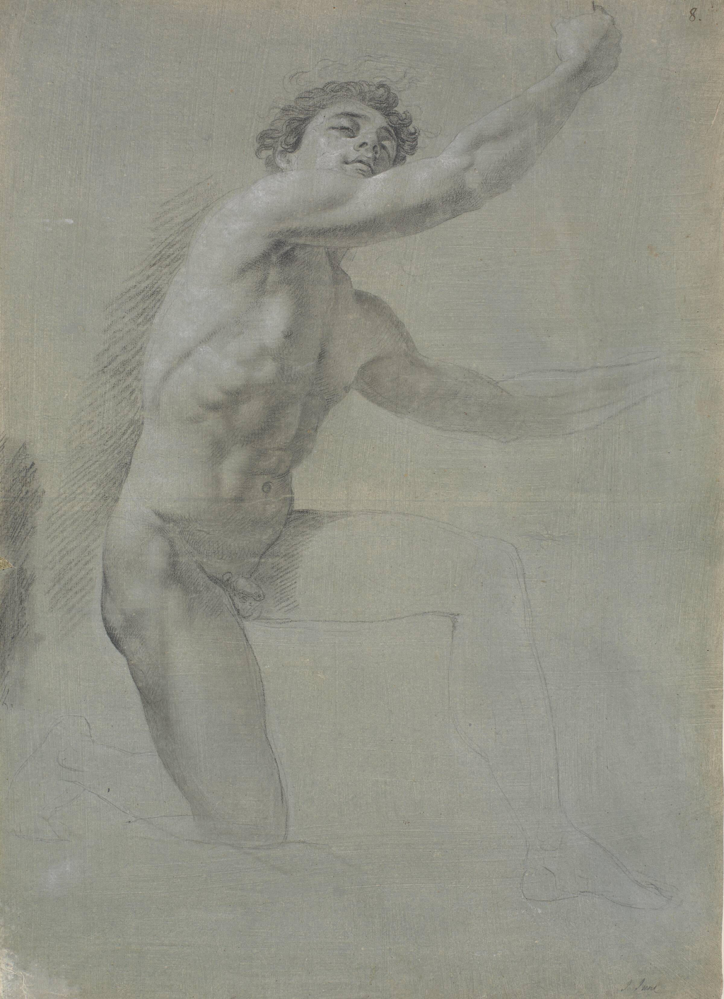 Model set forfra, knælende på højre ben; ikke tegnet færdig, Jens Juel, 1745-1802