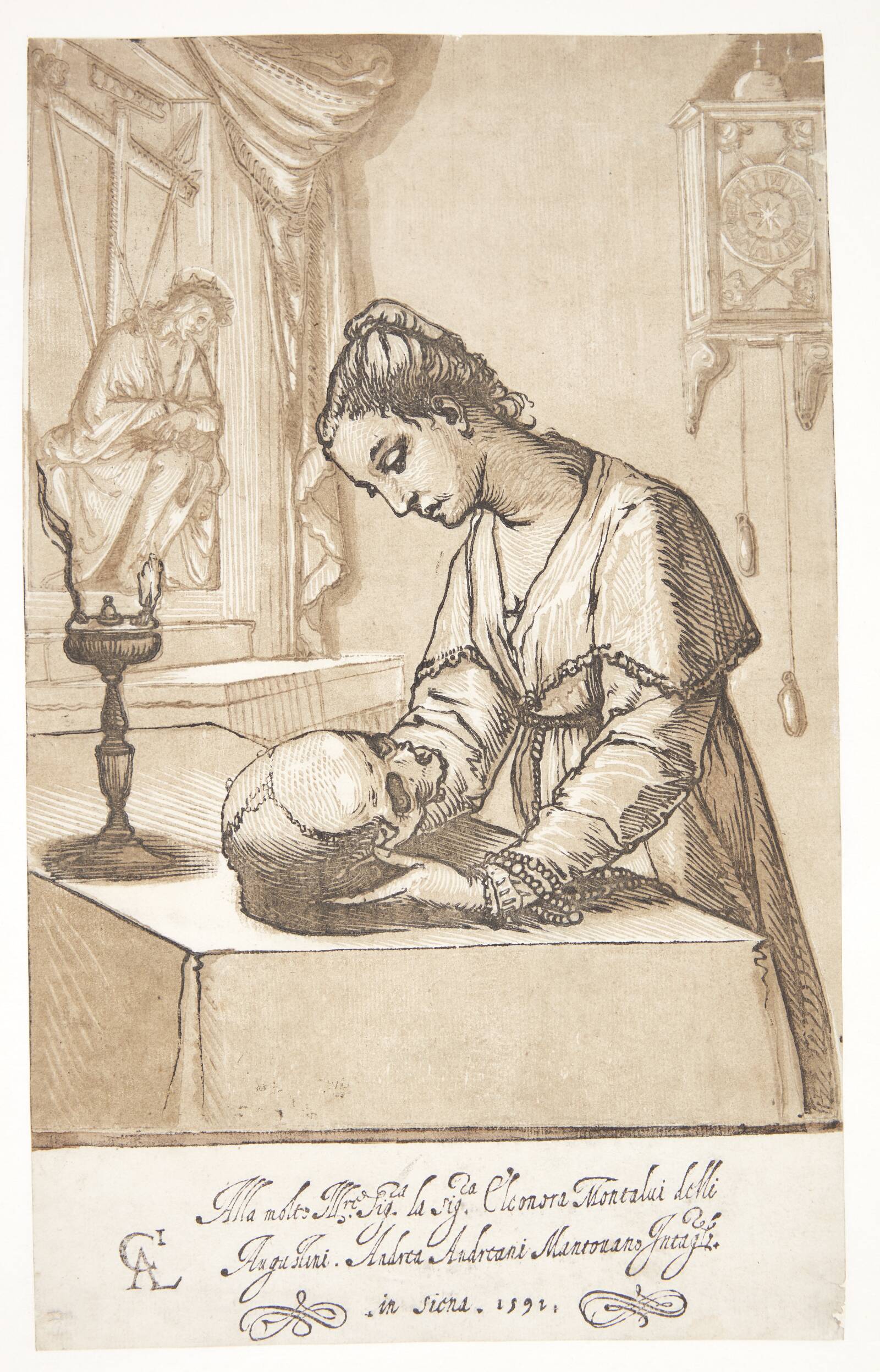 Mediterende kvinde med et dødningehoved, Andrea Andreani, 1591