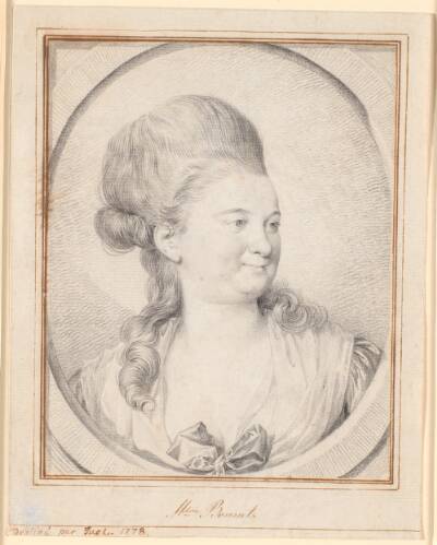 Portræt af Madame Charles Bonnet, født de la Rive. Brystbillede i trekvart profil mod højre i tegnet stenoval
