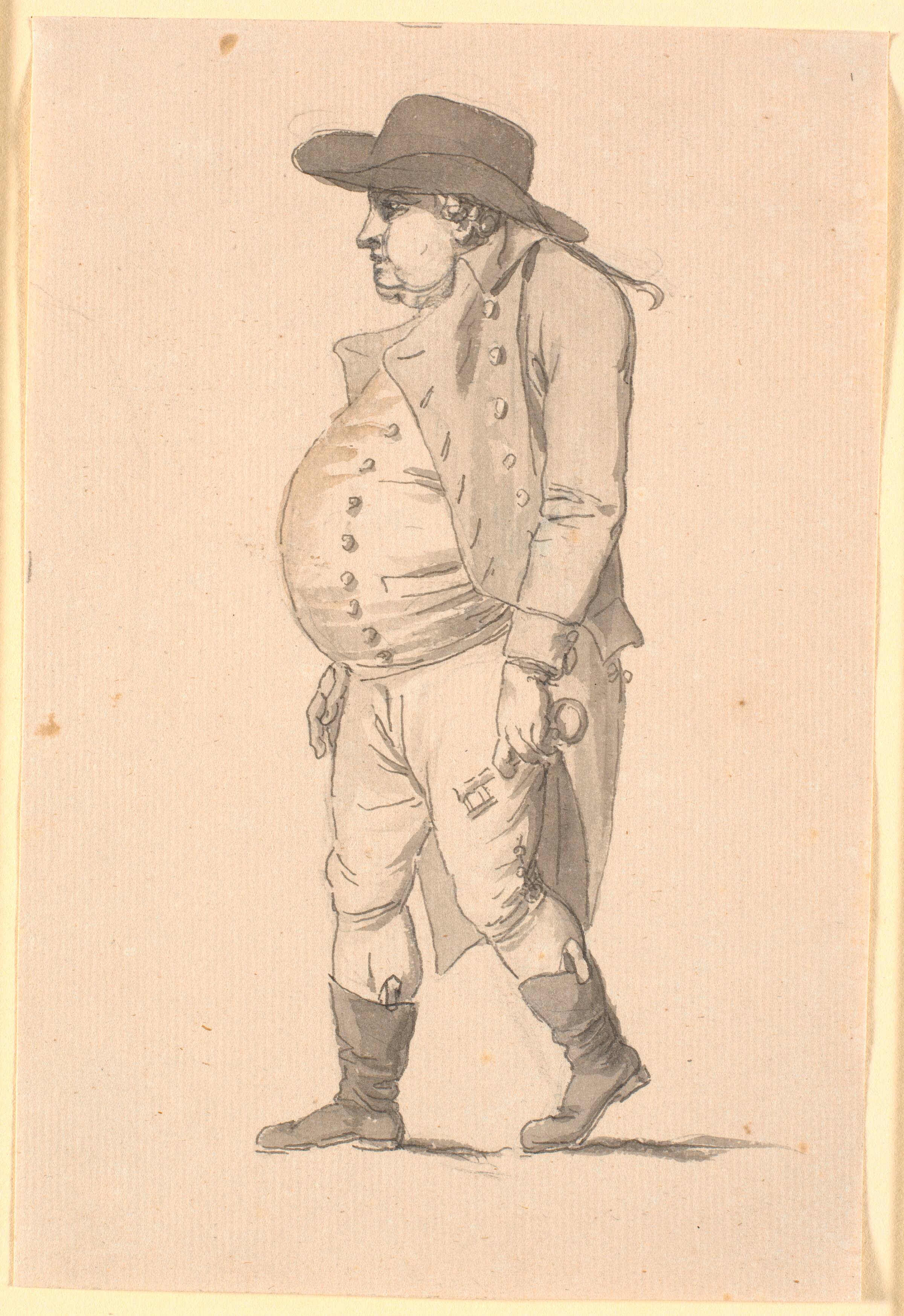 Karikatur af tykmavet mand, gående mand mod venstre, med en stor nøgle i venstre hånd, Nicolai Abildgaard, 1743-1809