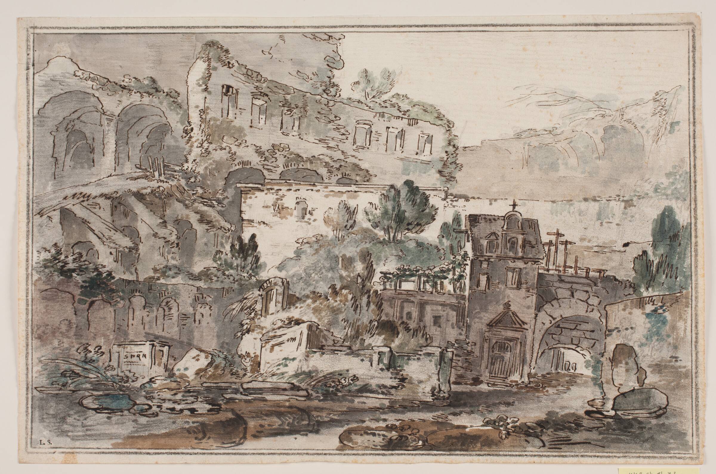 Prospekt med ruiner og huse ved vandløb, Jens Petersen Lund, 1730-1793