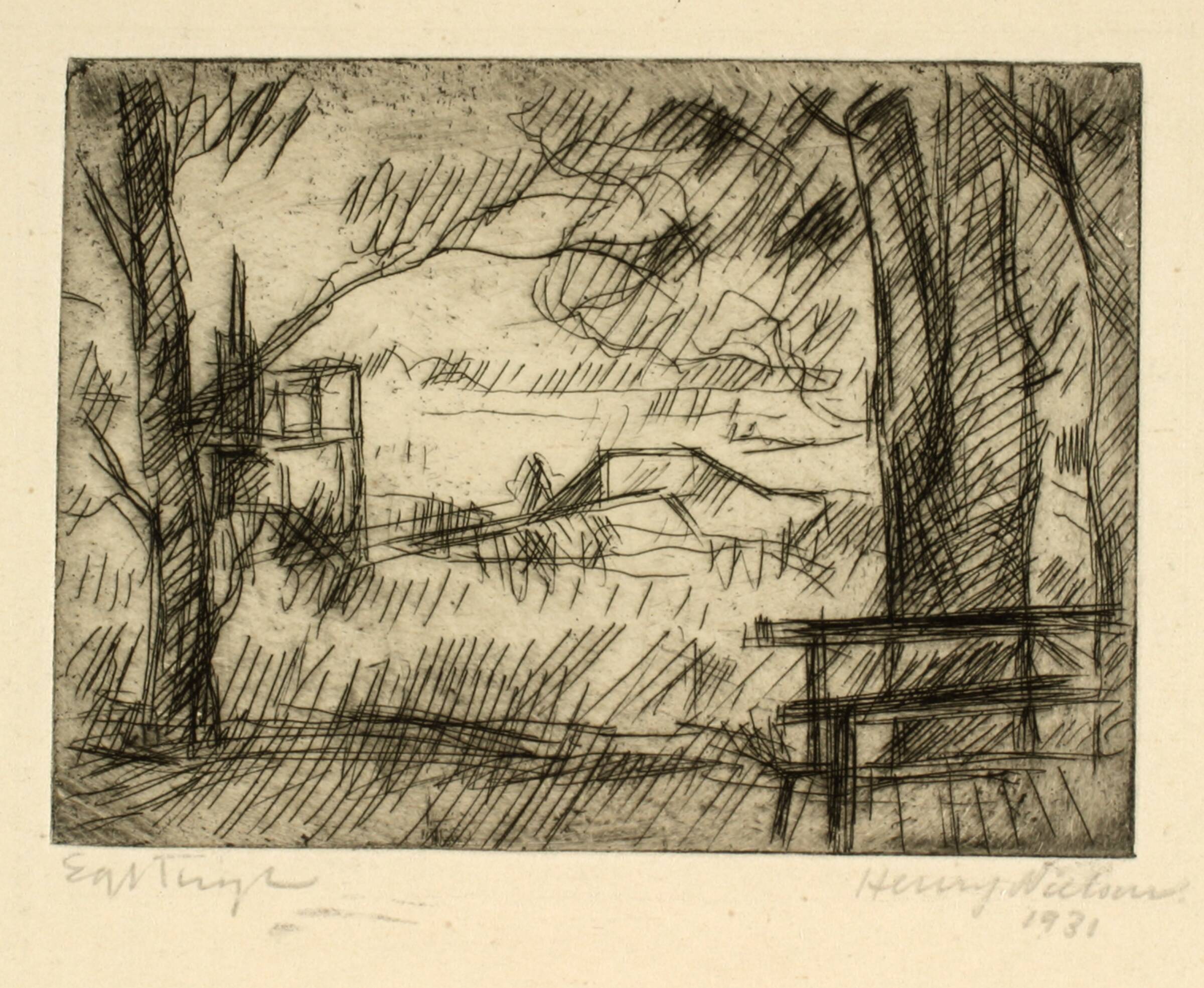 Udsigt over vand fra en beskygget sti med en bænk, Henry Nielsen, 1931