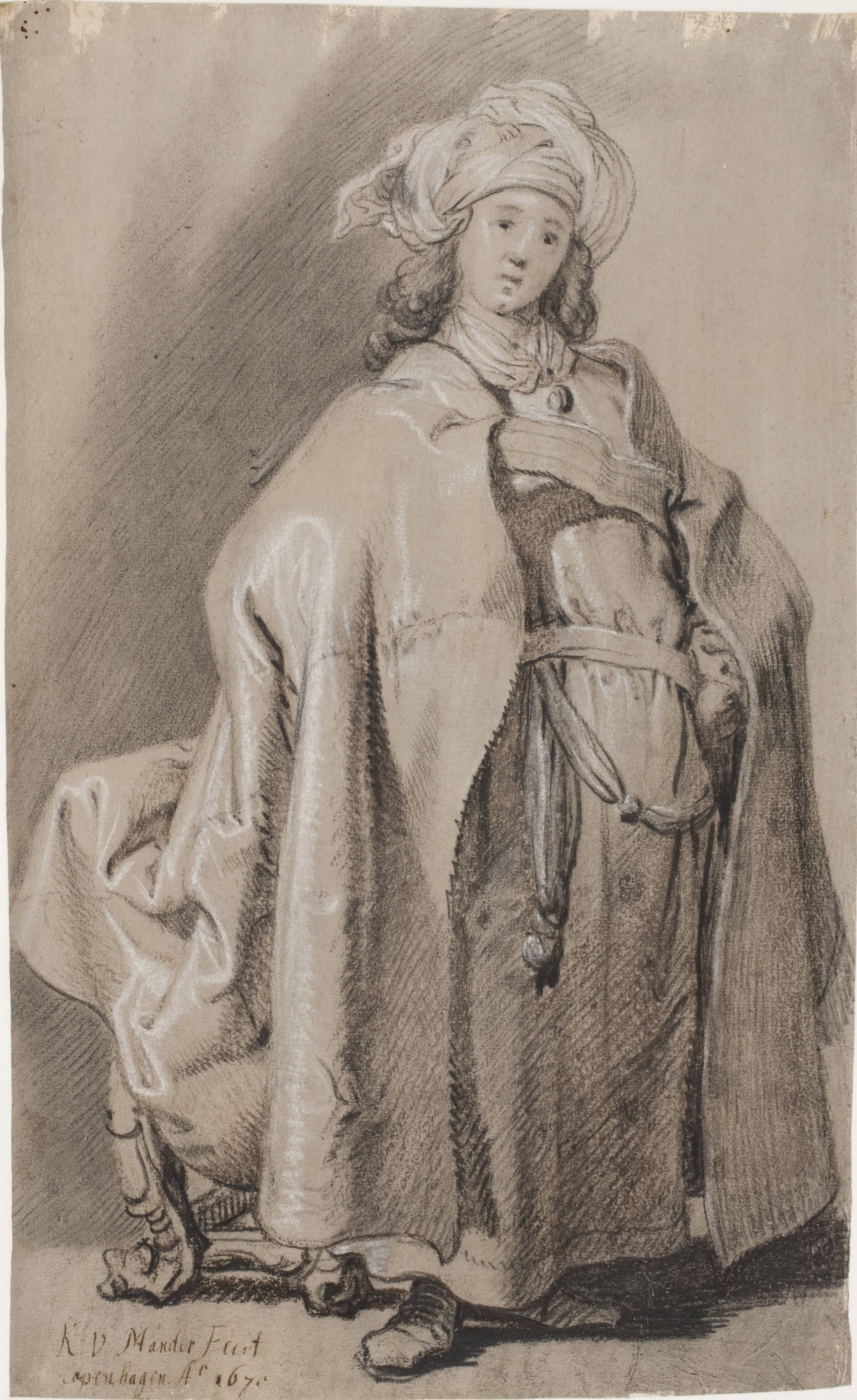 Stående figur, vendt mod højre, i kappe og turban. Bagved en stol., Mander III, Karel van, 1668-1671