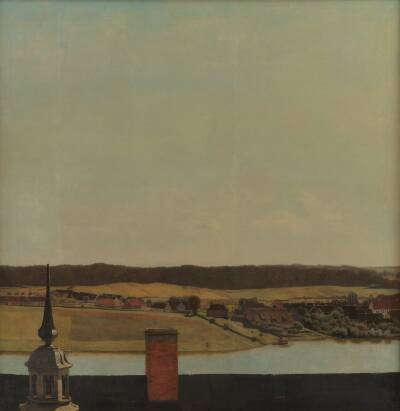 Tagryggen over Frederiksborg Slot med udsigt over sø, by og skov