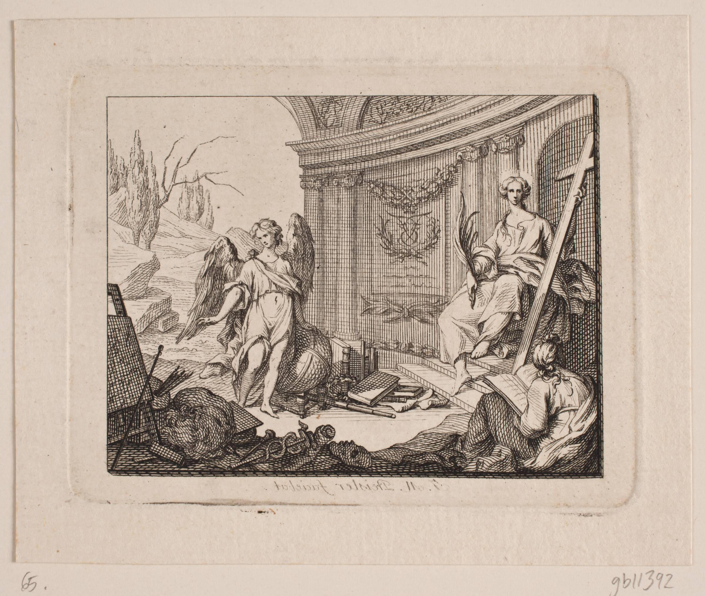 Vignet. T.v. en engel, t.h. siddende figur med kors, J.M. Preisler, 1715-1794