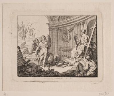 Vignet. T.v. en engel, t.h. siddende figur med kors