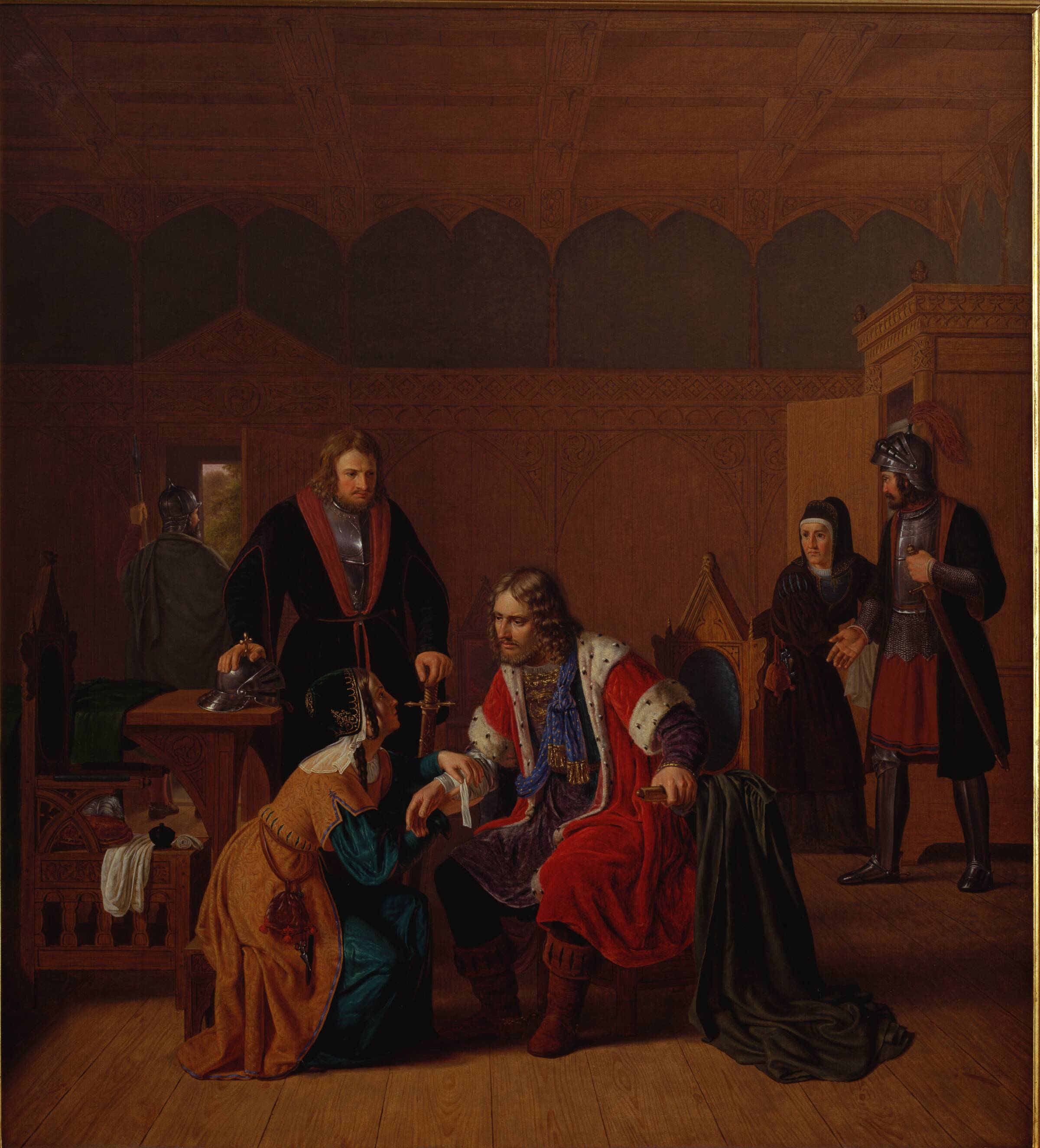 Valdemar den Store bliver forbundet i Absalons moders hus, hvor han har søgt tilflugt efter overfaldet i Roskilde, Peter Raadsig, 1821-1840